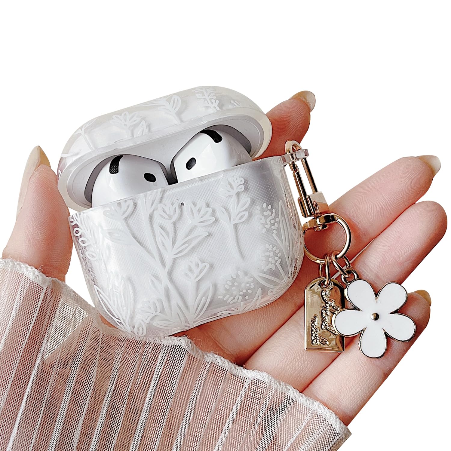 MINSCOSE for AirPods 4 Clear Case,Cute Flower Floral Aesthetic Design with Floral Keychain, Soft TPU Protective Shockproof Case for Women Girl for Airpods 4-White