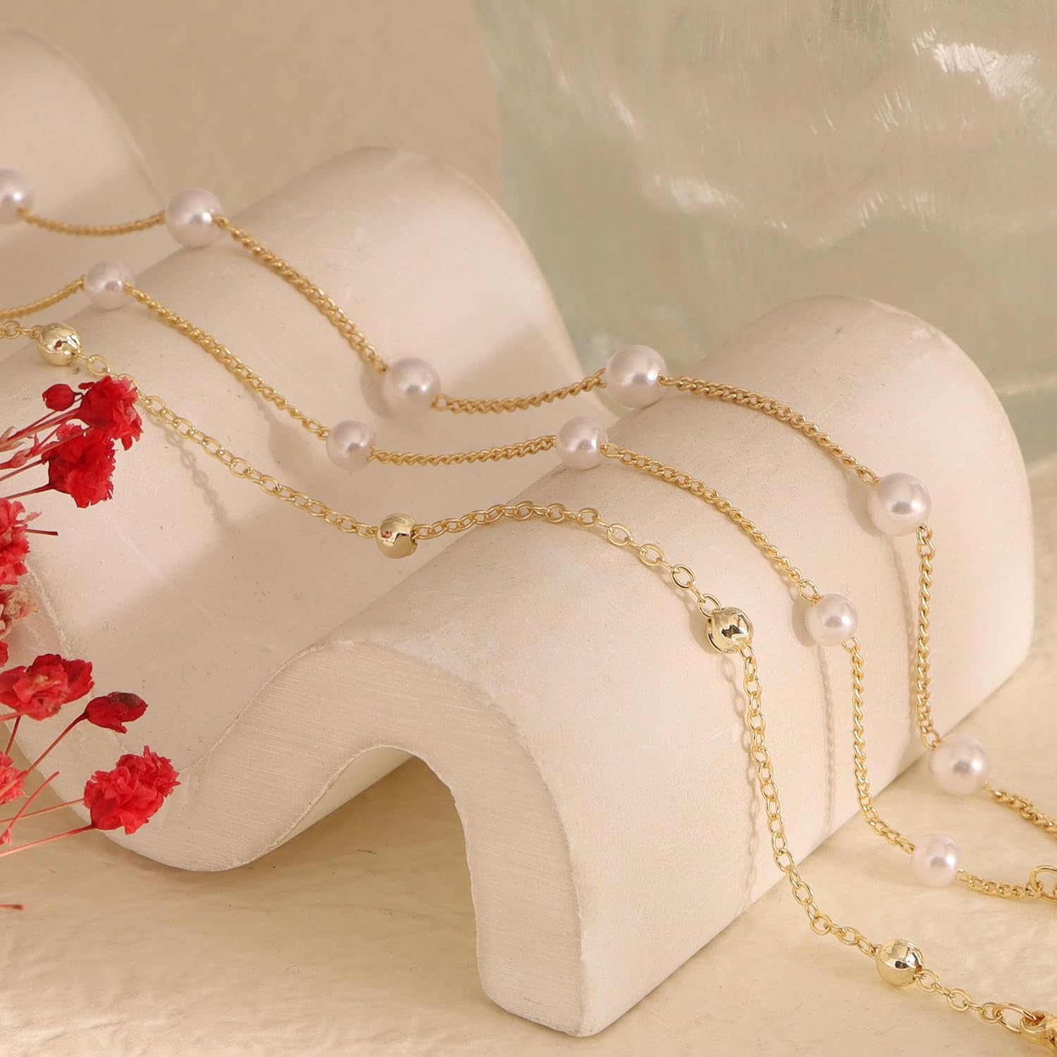 Pearl Bracelets for Women Dainty 14K Gold Plated Layered Pearl Bracelet Non Tarnish Satellite bracelet Adjustable Charm Jewelry Gifts for Wedding Bridesmaid - Image 4