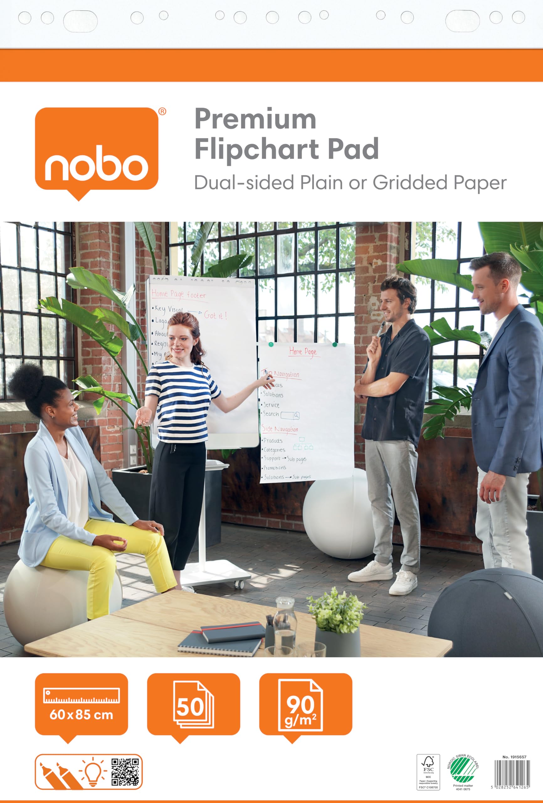 Nobo Premium Confezione da 1 Blocco da 50 fogli di carta da 90 g/​m² per Lavagna a Fogli Mobili, Fogli Bianchi/​a Quadretti Fronte/​Retro, 60 x 85 cm, Arrotolato, 1915657