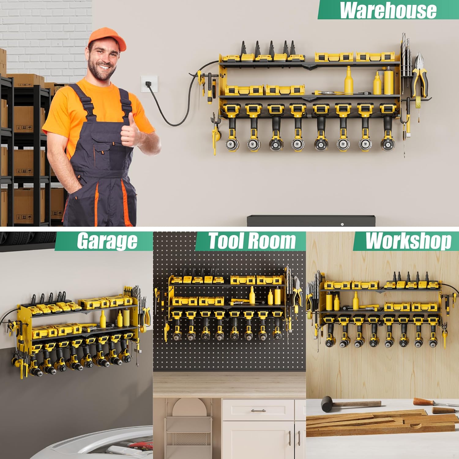 Power Tool Organizer Wall Mounted with Charging Station,33.2" Garage Storage,3 Layers Heavy Duty Metal Organiazation with 8 Outlets Power Strip, Storage Rack Tool Shelf, Gifts for Dad,Husband,Yellow