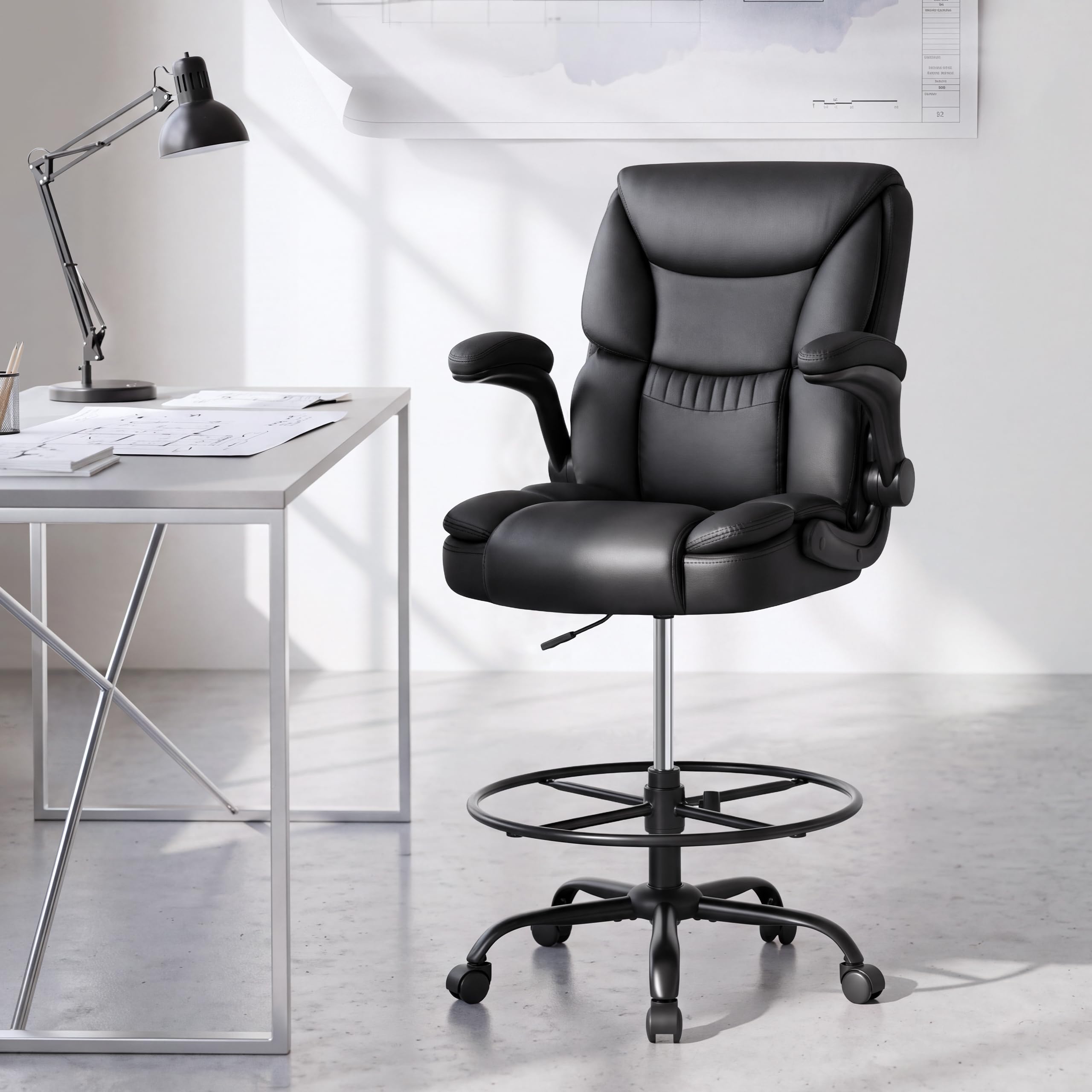 500LBS Drafting Chair, High Back Safer Standing Desk Chair, Executive Tall Office Chair with Flip-up Armrests, Upholstered PU Leather Task Chair, Ergonomic Seat with Adjustable Height&Foot Ring, Black