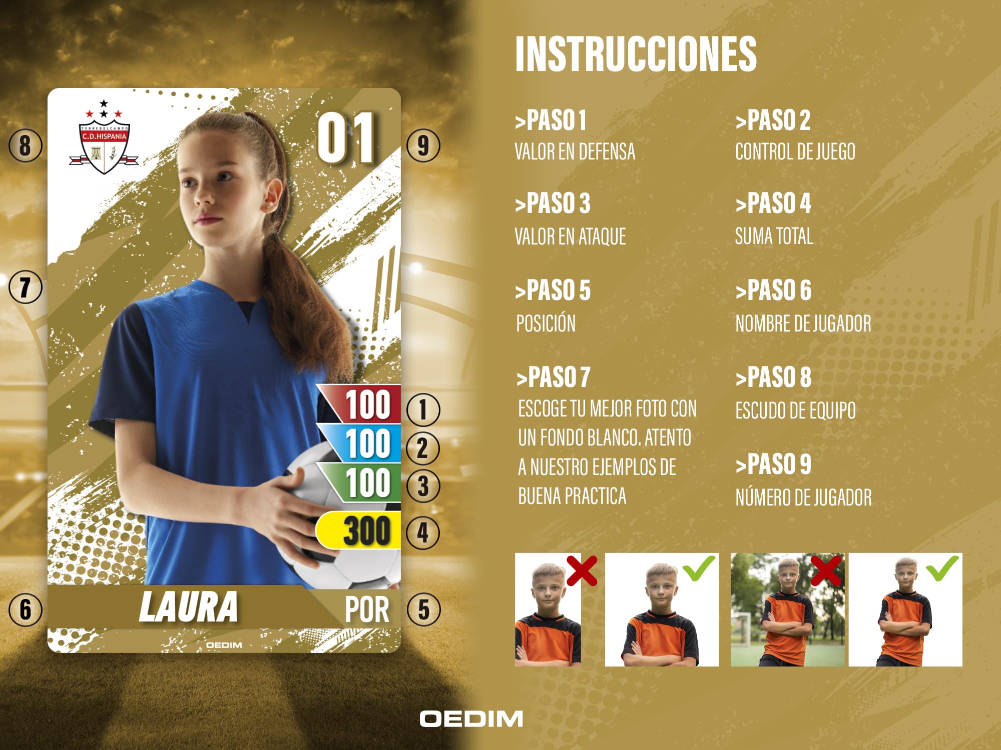 Oedim Cromo de Fútbol Personalizada Diseño Dorado, Varias Medidas y Materiales, Divertida y Original