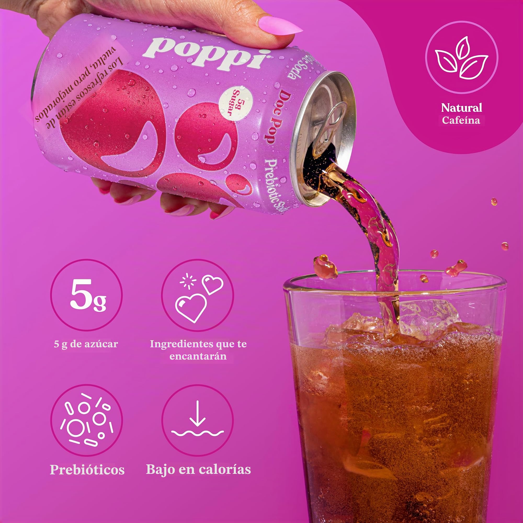 Poppi Bebida de Soda Prebiótica Espumosa con Vinagre de Sidra de Manzana, Agua con Gas y Zumo de Fruta, Sabor Doc Pop, 355 ml, Paquete de 12, El Embalaje Puede Variar
