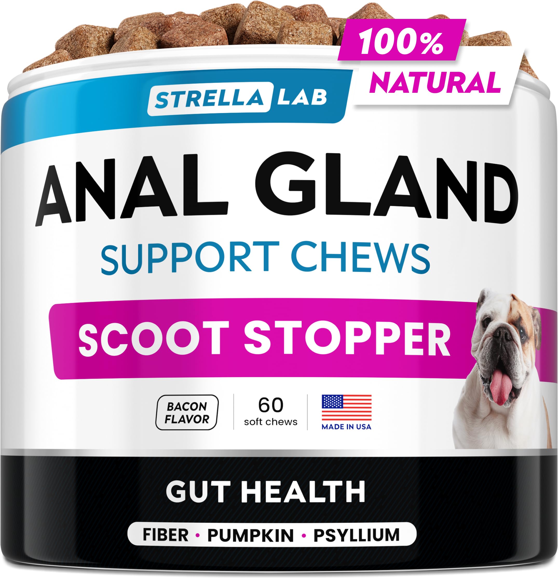 STRELLALAB Anal Gland Support Chews 60Ct - Scoot Treatment - Digestive Enzymes, Prebiotics & Fiber Supplement for Dogs Digestion & Gut Health. Proprietary Blend of Beet, Psyllium - Bacon Flavor