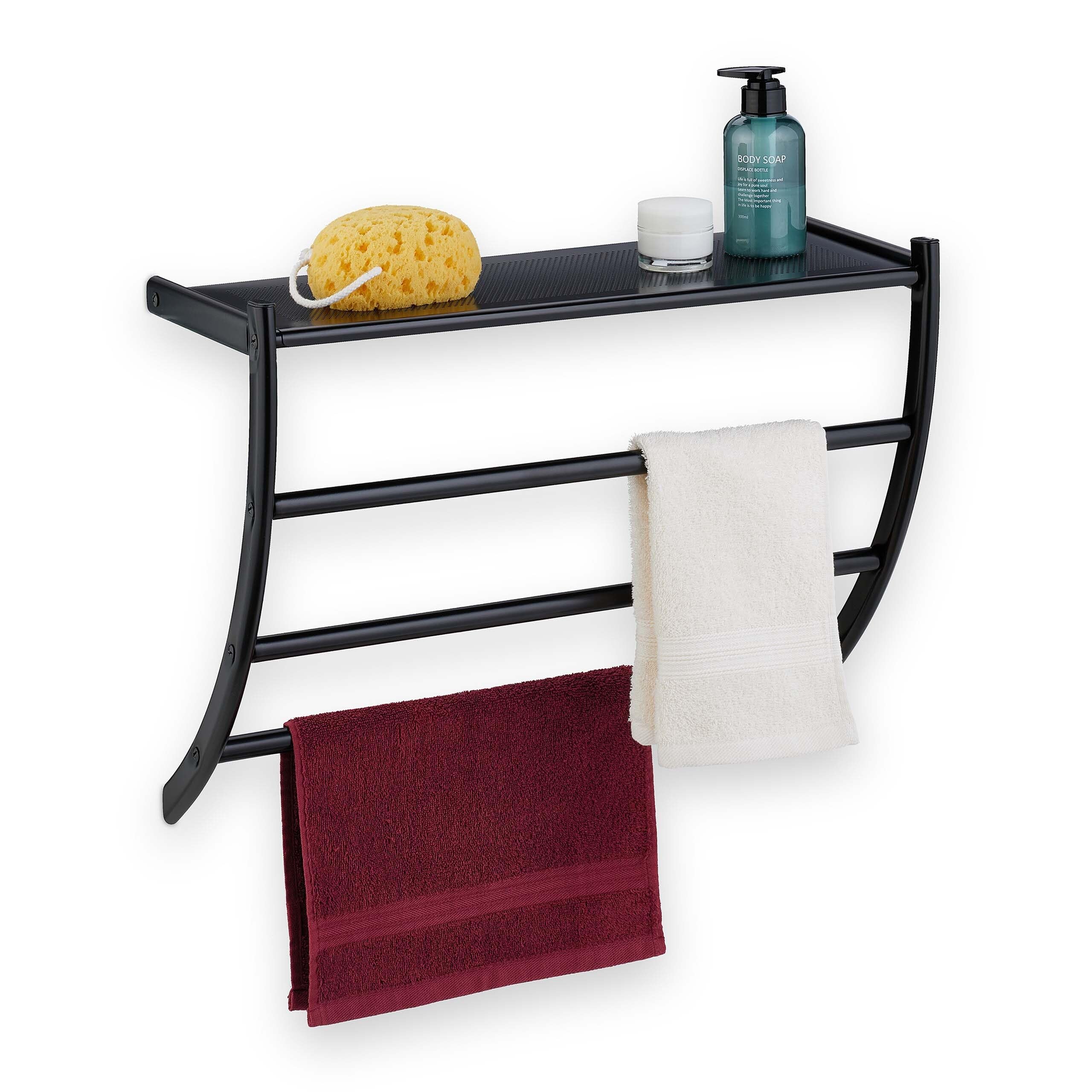 Relaxdays Portasciugamani da Parete, HLP 44 x 56,5 x 23 cm, Mensola da Bagno con 3 Aste per Asciugamani e Ripiano, Nero