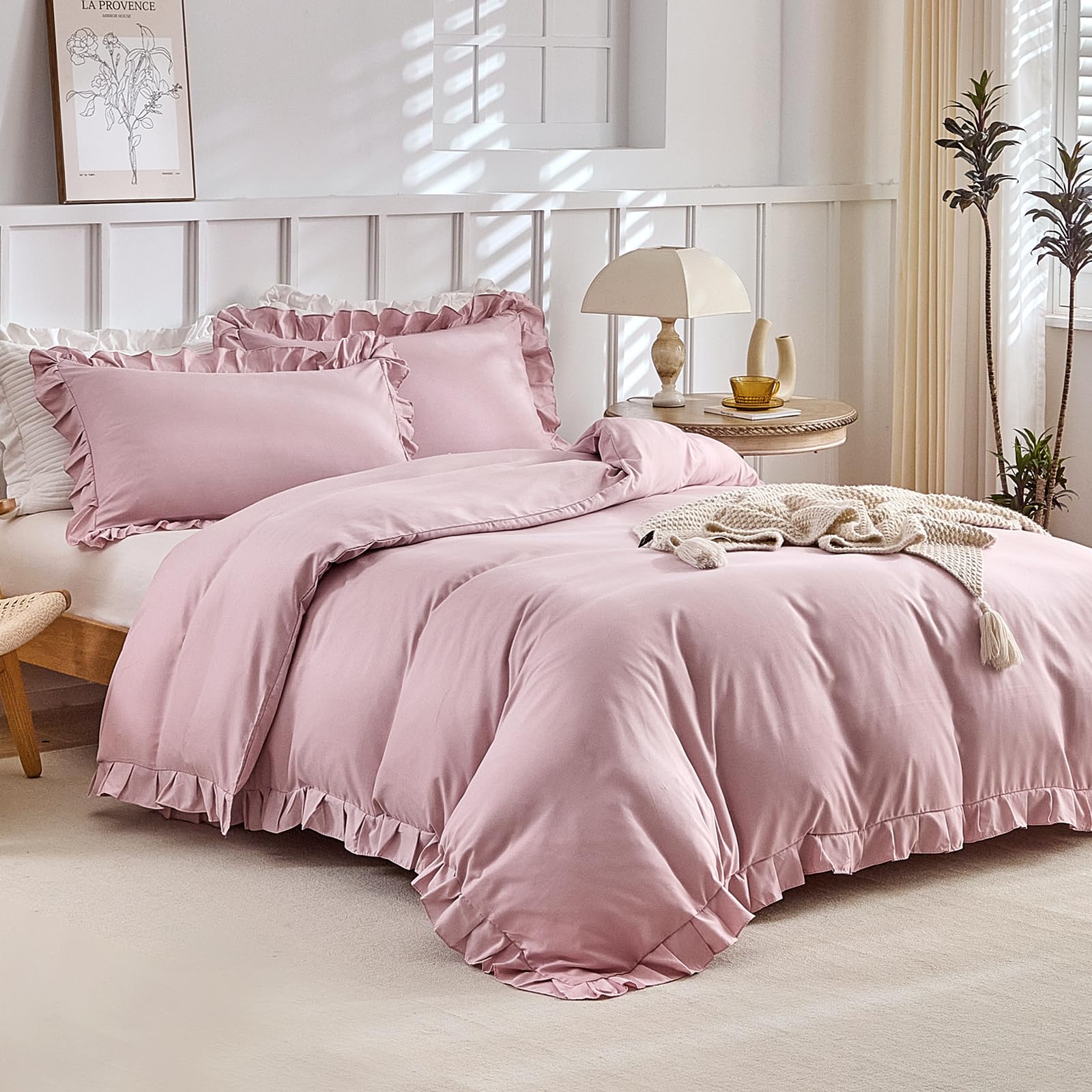 Ruffle Duvet Cover Double - Pink Bedding Sets, Soft Microfiber Pink Double Duvet Set with 2 Pillowcases for Bed Frilly Duvet Covers 200x200 cm, Ruffled Frills
