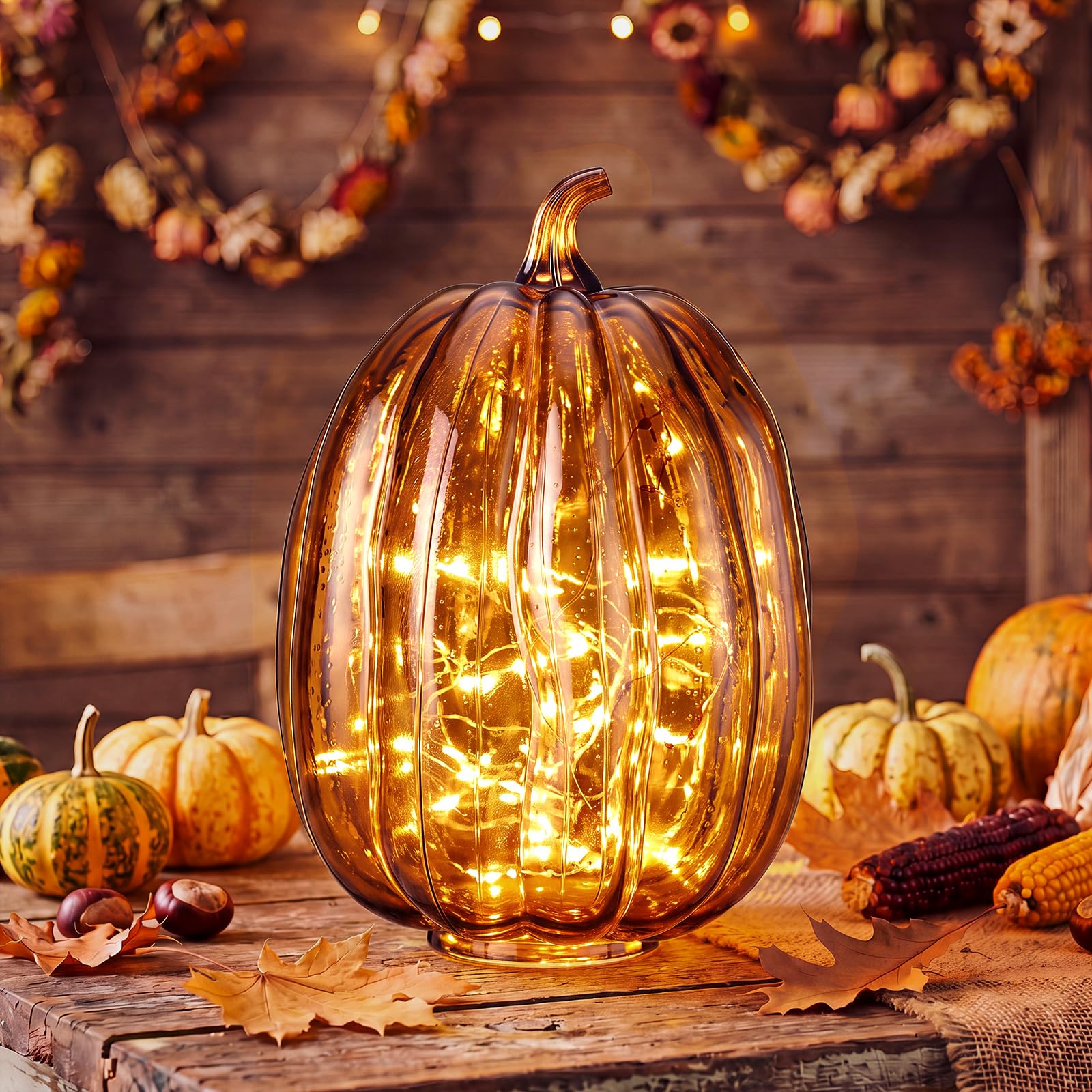 Glooglitter Mercury Glass Pumpkin Light LED Fall Lamp, Oval, Amber, Large