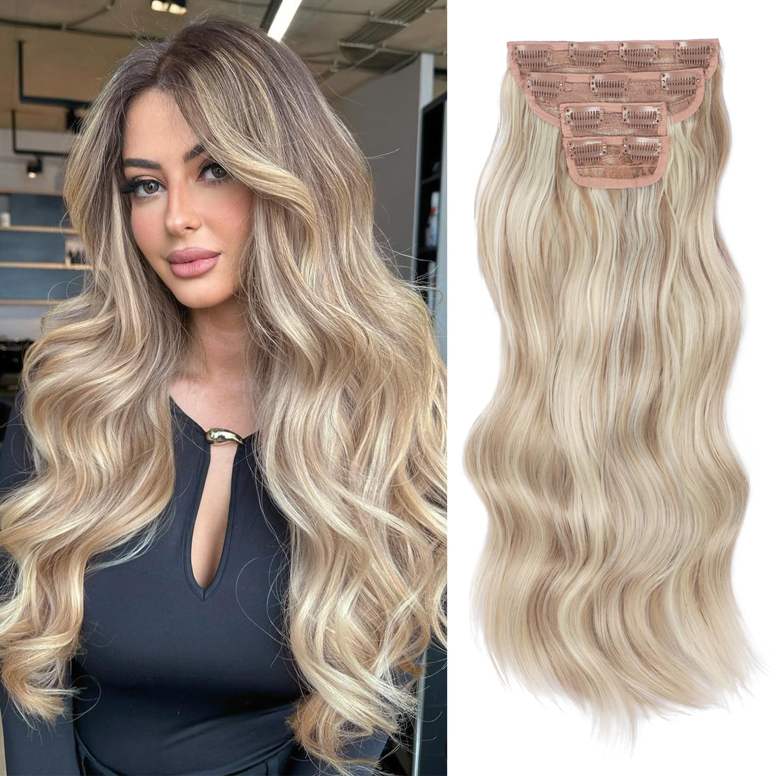 Vigorous Clip in Hair Extensions 20Inch Ash Blonde Mixed Bleach Blonde Hair Extensions Clip Ins 4Pcs Long Wavy Soft Synthetic Hairpieces for Women