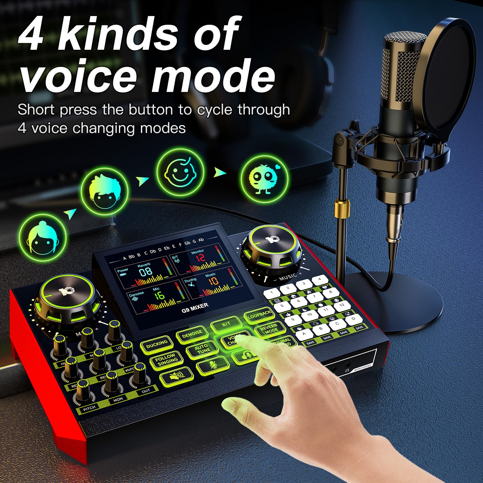 TENLAMP G9 Podcast-Equipment, Audio-Interface mit Soundeffekten, 3,5mm Kondensatormikrofon-Set, Tischstativ, Hall-Regler, Stimmenverzerrer, Rauschunterdrückung, Monitoring, für PC, Handy, Streaming