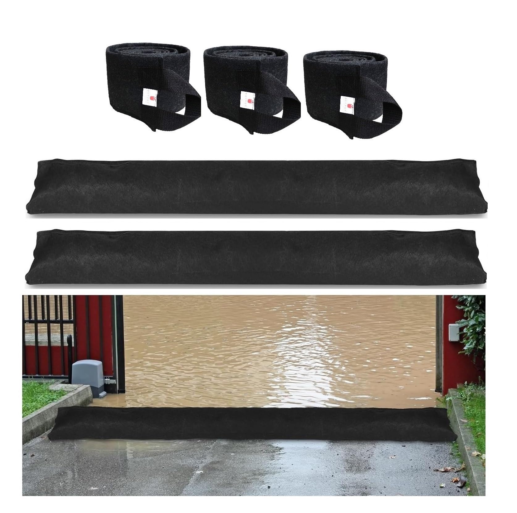 Sandless Sandbags with Handle for Flood Control, Water Activated Flood Barrier Bags for Flood Control of Garage, Basement Doorway. Flood Control in Rainy Season. (5 ft x 6.5 Inch, 3)