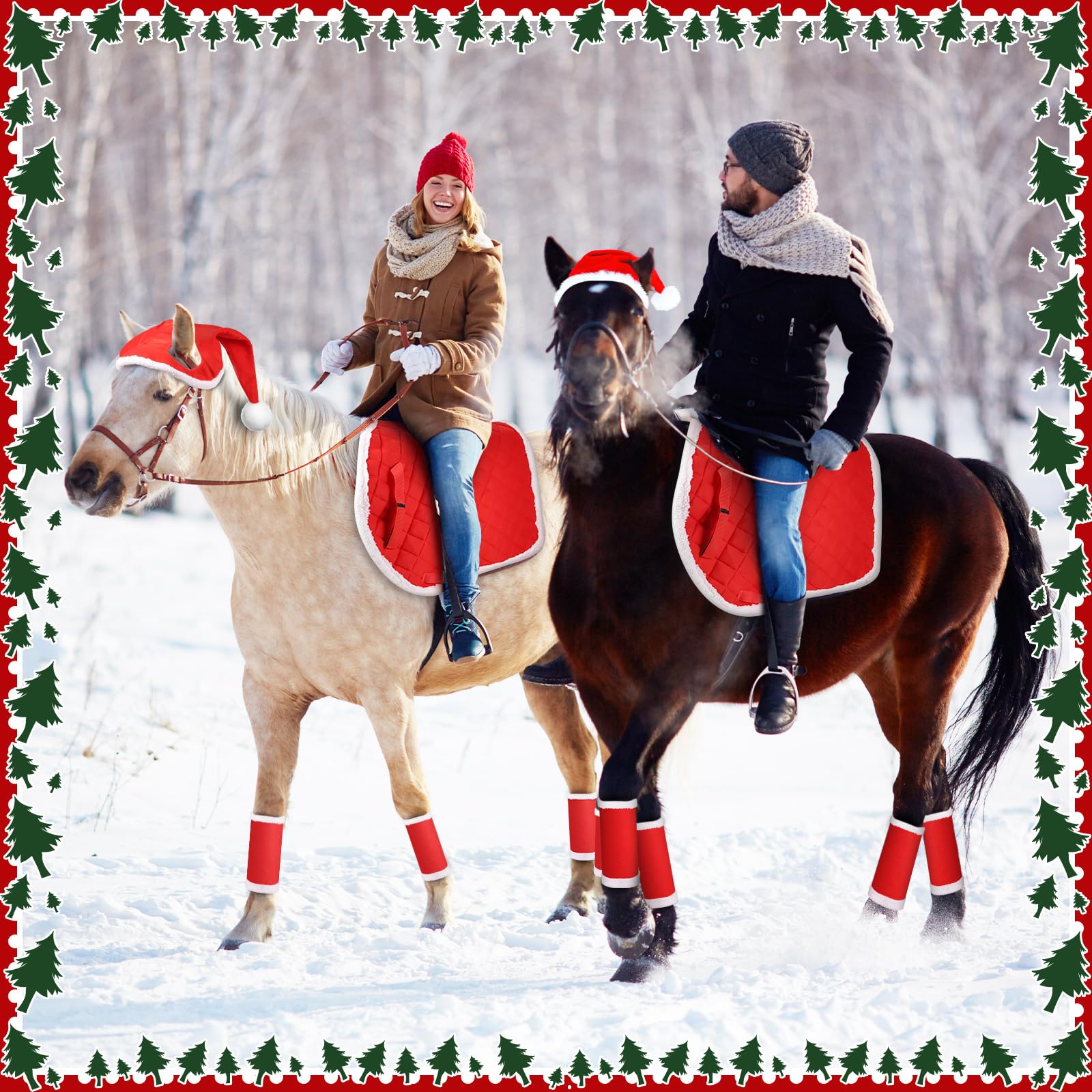 6 Pezzi di Fasce per Le Gambe di Babbo Natale per Cavallo con Bordo in Pelliccia Sintetica, Cappello di Natale, Sottosella di Babbo Natale per Accessori per Costumi di Natale per Cavallo