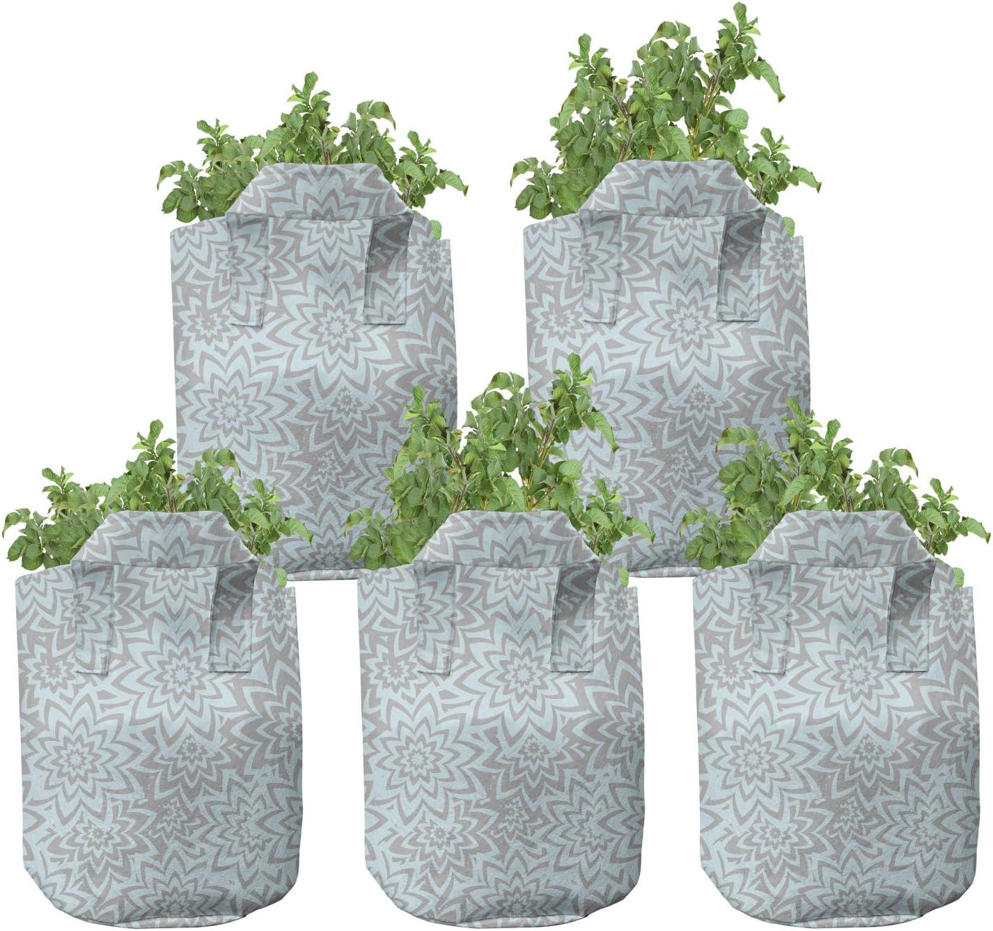 Ambesonne Flower Grow Bags 5-Pack, Summer Blooms Petals, Heavyduty Fabric Pots with Handles for Plants, Pale Blue Taupe