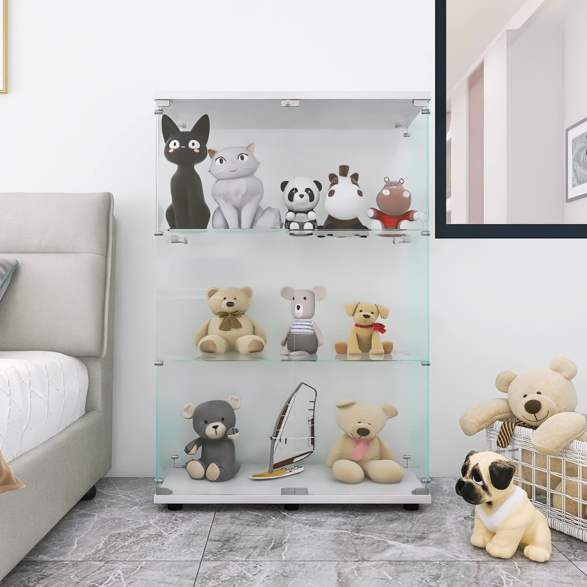 LFT HUIMEI2Y Glass Display Cabinet 3-Shelf with Double Door, Curio Cabinets Fast Installation in 30 Mins, Tempered Glass Floor Standing Bookshelf for Bedroom, Living Room 49.1”x 31.7”x 14.4” White