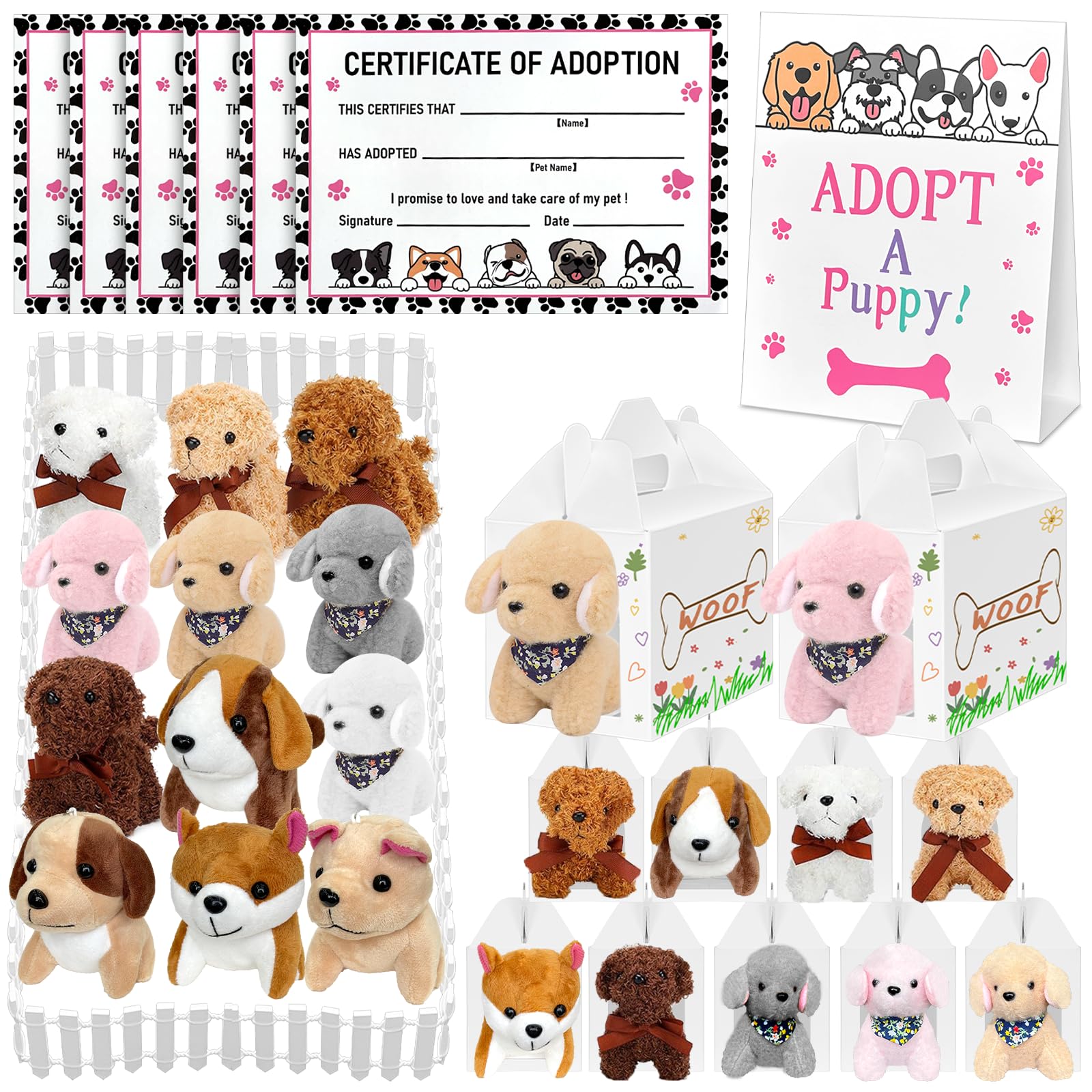 Jiytivity 38 Pcs Adopt A Puppy Favors Include 12 Foldable Puppy Boxes 12 4.72 inch Mini Dog Stuffed 12 Adopt Cards 1 Adopt Sign1 Fence for Adopt A Dog
