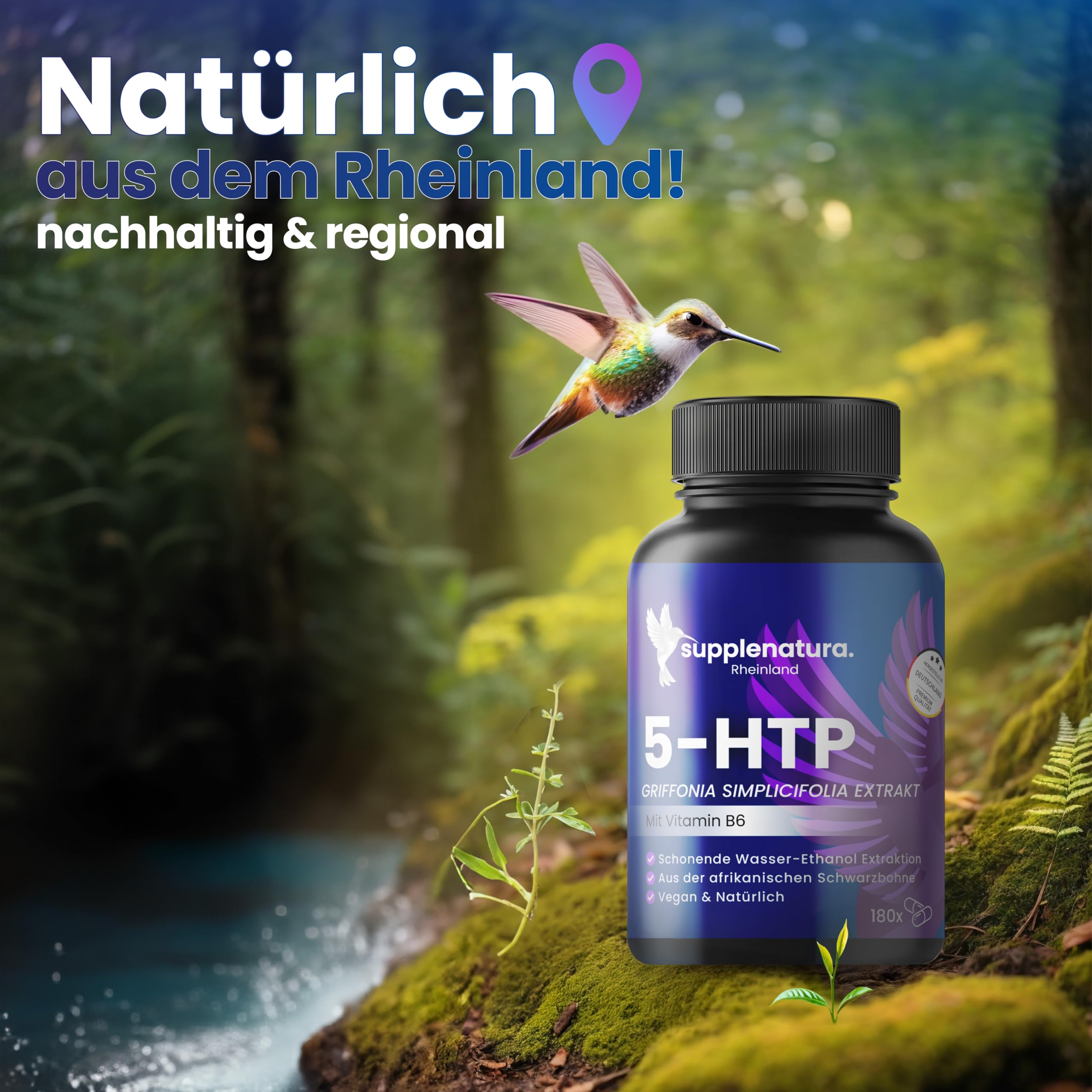 5 HTP (Serotonin) 180 Kapseln á 500mg | 100% PFLANZLICHES Griffonia | 6 Monatsvorrat | Laborgeprüft & in DE Produziert | 5HTP von SUPPLENATURA®
