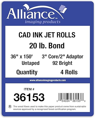 Miniatura 4 de Alliance Rollos CAD de papel de formato ancho (20 libras  4 rollos, 36 pulgadas x 150 pies  núcleo de 3 pulgadas)