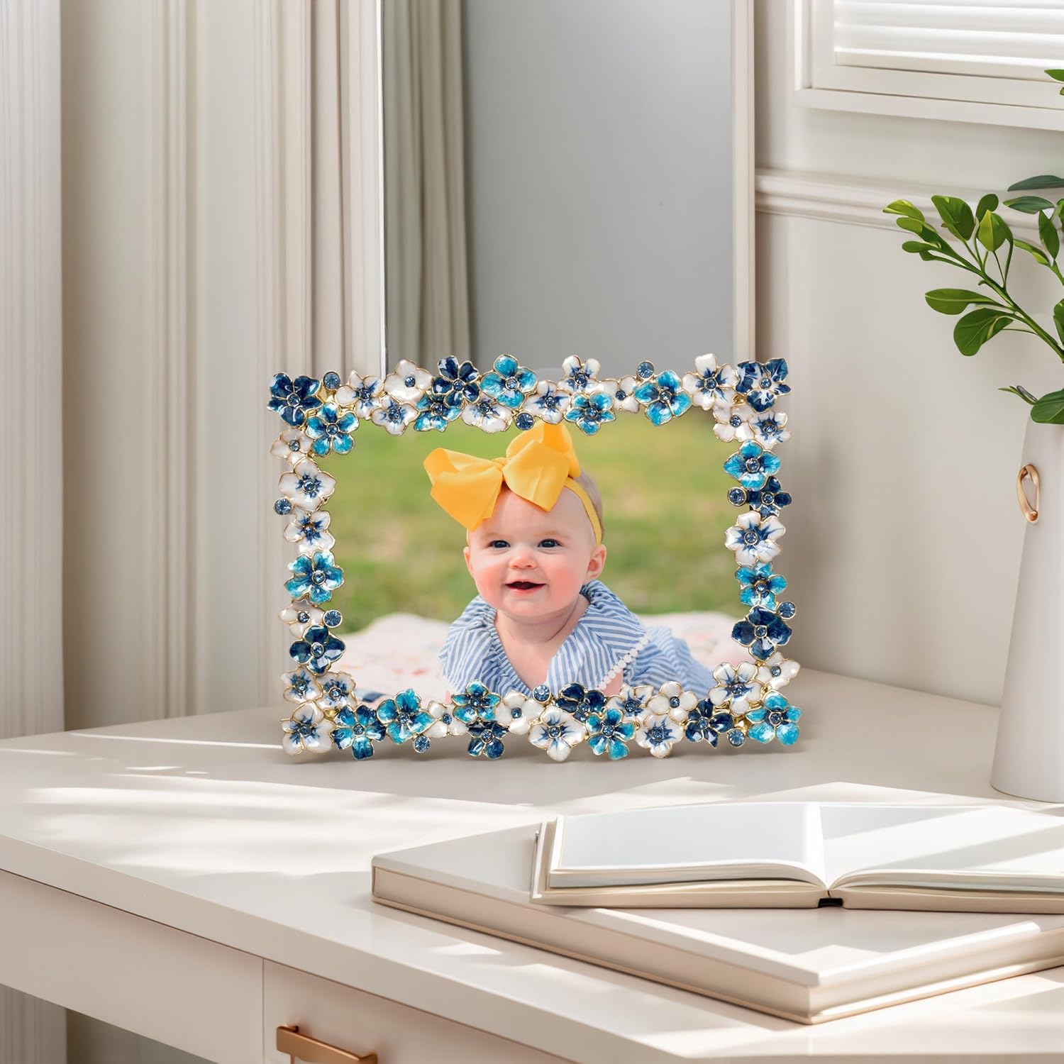 Blue Flower Picture Frame 4x6 Blossom Photo Frame for Tabletop Display, Decorative Flower Design Home Decor