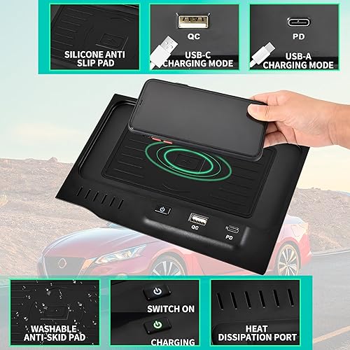 Miniatura 6 de Cargador inalámbrico para Nissan Altima L34 2019-2024, panel de carga rápida inalámbrico USB-A USB-C para SSRSVSR VC-TurboSLPlatinumLatinum