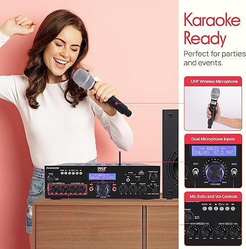 Miniatura 4 de Pyle Micrófono inalámbrico Bluetooth Amplificador de 200 W de potencia máxima receptor de audio estéreo de doble canal con USB, entrada AUX,