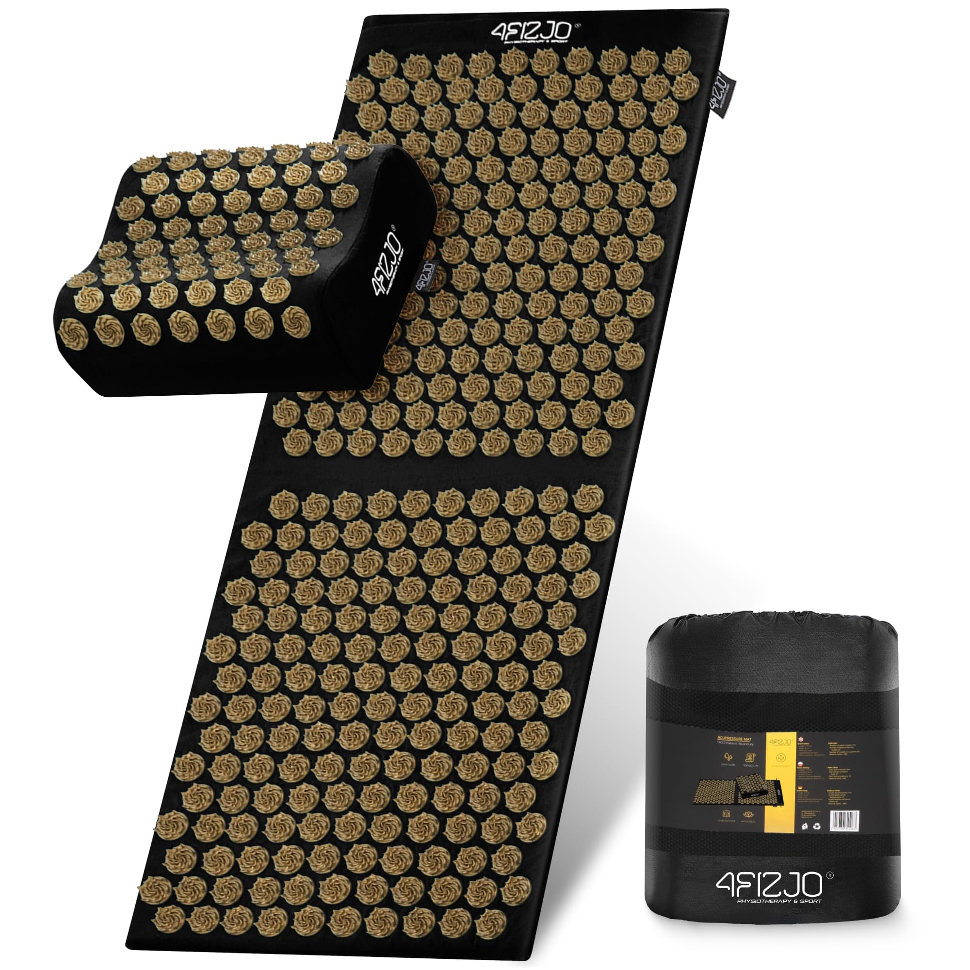 4FIZJO Akupressurmatte & Kissen ERGO XL, 110x42x2 cm, mit Tragetasche, Polyurethanschaum, Hypoallergen, 9475 Stacheln, Massagematte für bessere Durchblutung, Muskeln Entspannung, Schwarz und Gold