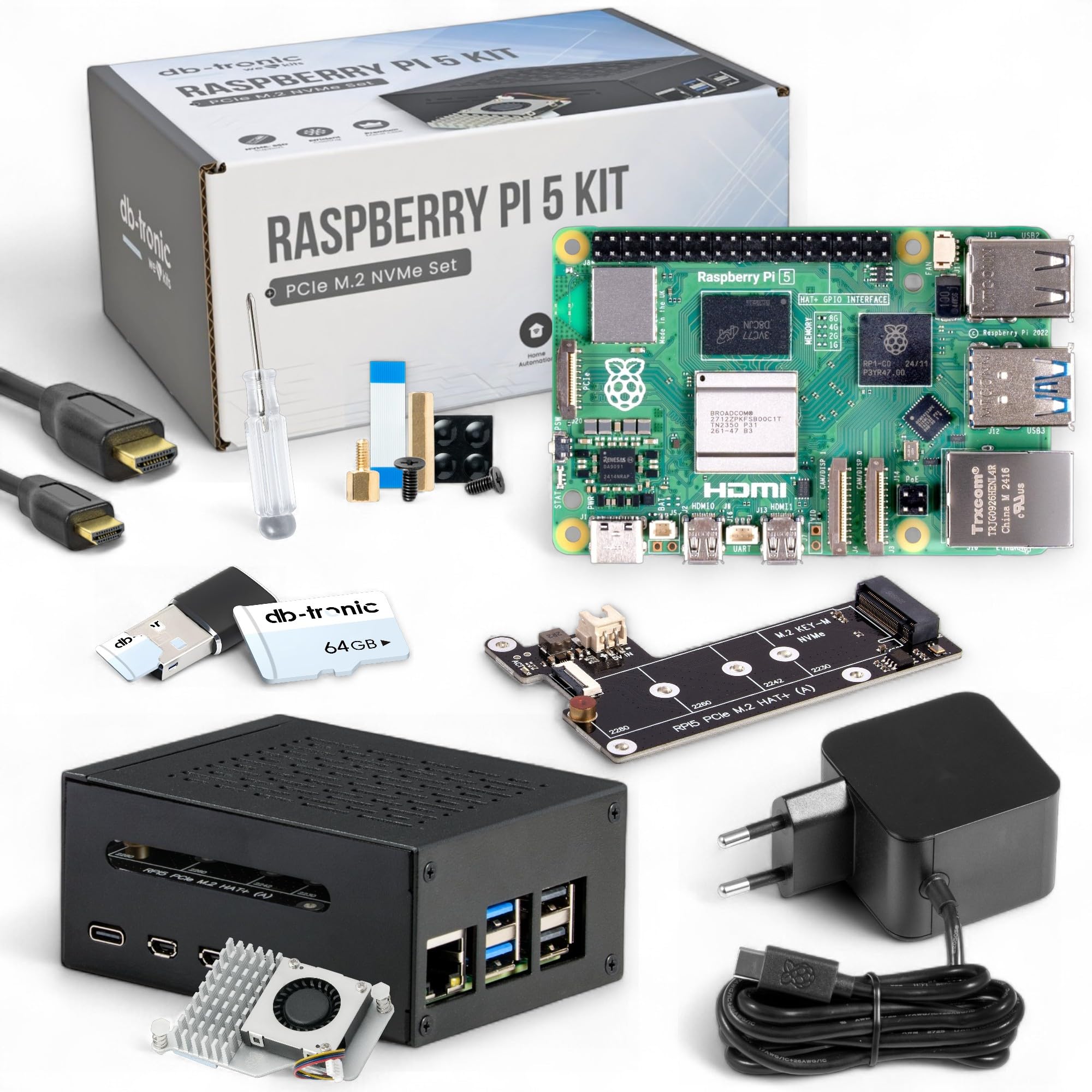 db-tronic Raspberry Pi 5 8GB PCIe M.2 NVMe Set | 64GB Edition | Netzteil 27W | Metallgehäuse | Active Cooler | M.2 NVMe SSD PCIe Board | Ideal für Smart Home, Retro Gaming & Home Assistant
