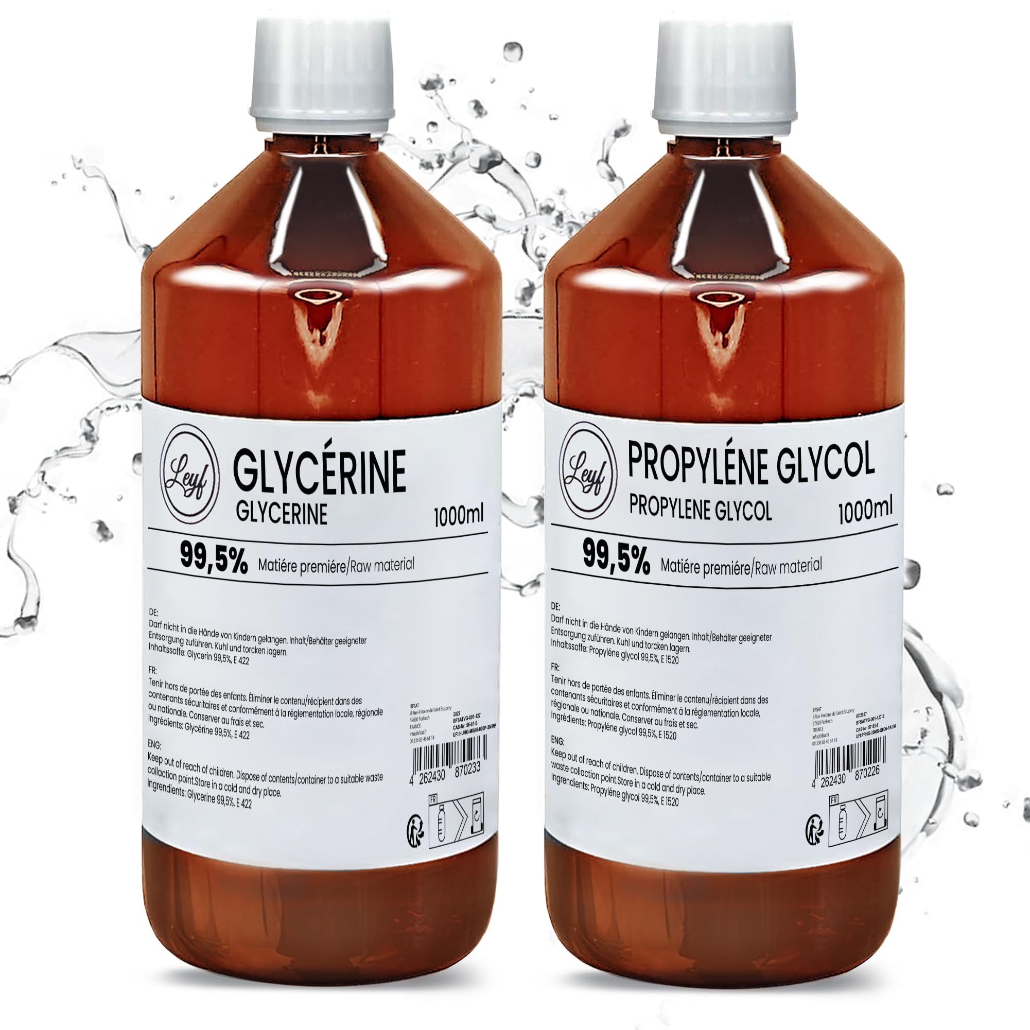 Leyf 1000 ml Glycerin E422 + 1000 ml Propylenglykol E1520, Perfekt für DIY, Pharmaqualität Reinheit, Lebensmittelqualität, Raw Material VG + PG, Rein, Vegan, Ph. Eur/USP