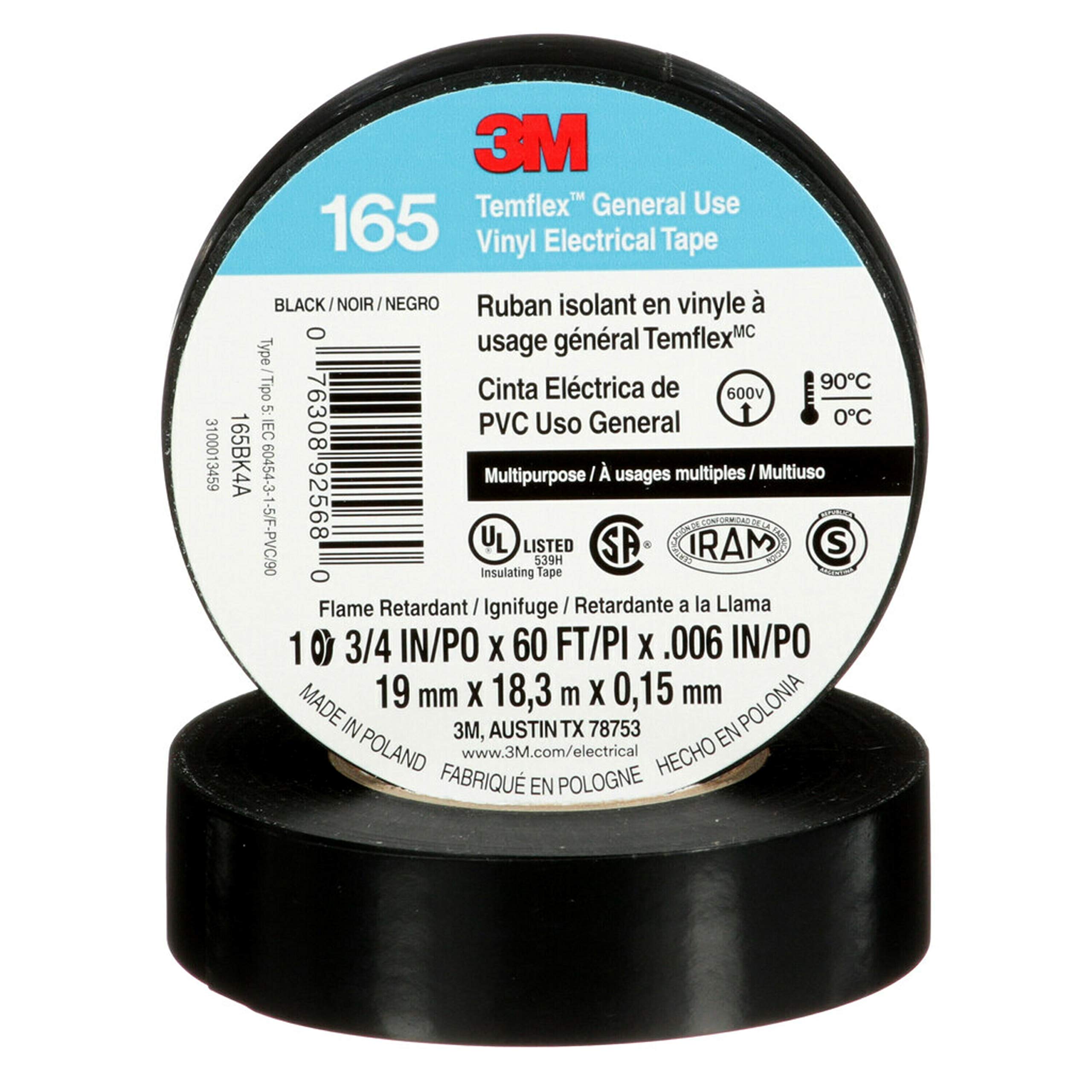Temflex 3M Cinta eléctrica de vinilo (19 mm x 18 m), color negro