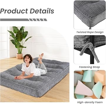 8 Futon Mattress Queen Size, Futon Sofa Couch Bed with Straps, Thick Corded Fabric Floor Futon Mattress for Adults, Sleeping Mat Foldable Mattress for Camping, Dorm,Light Gray(Frame Not Included)