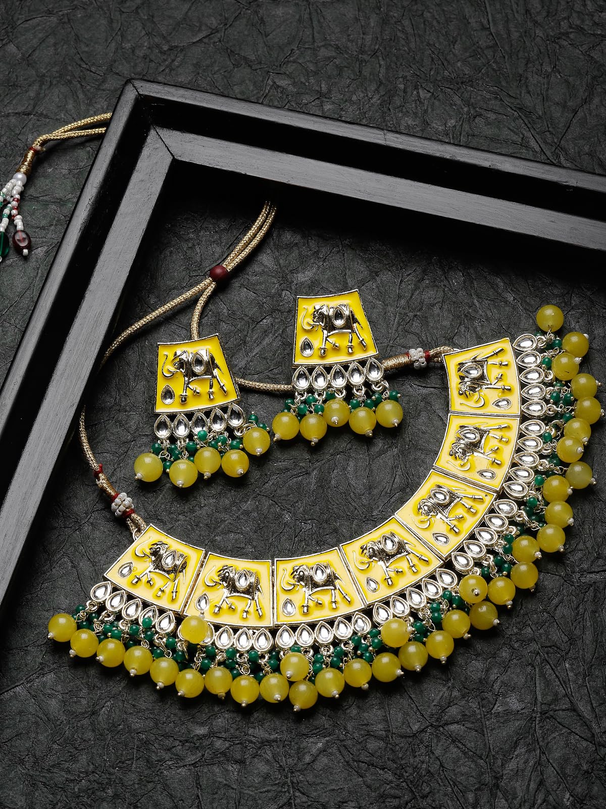 Plated Meenakari Kundan Green Collar Necklace Set