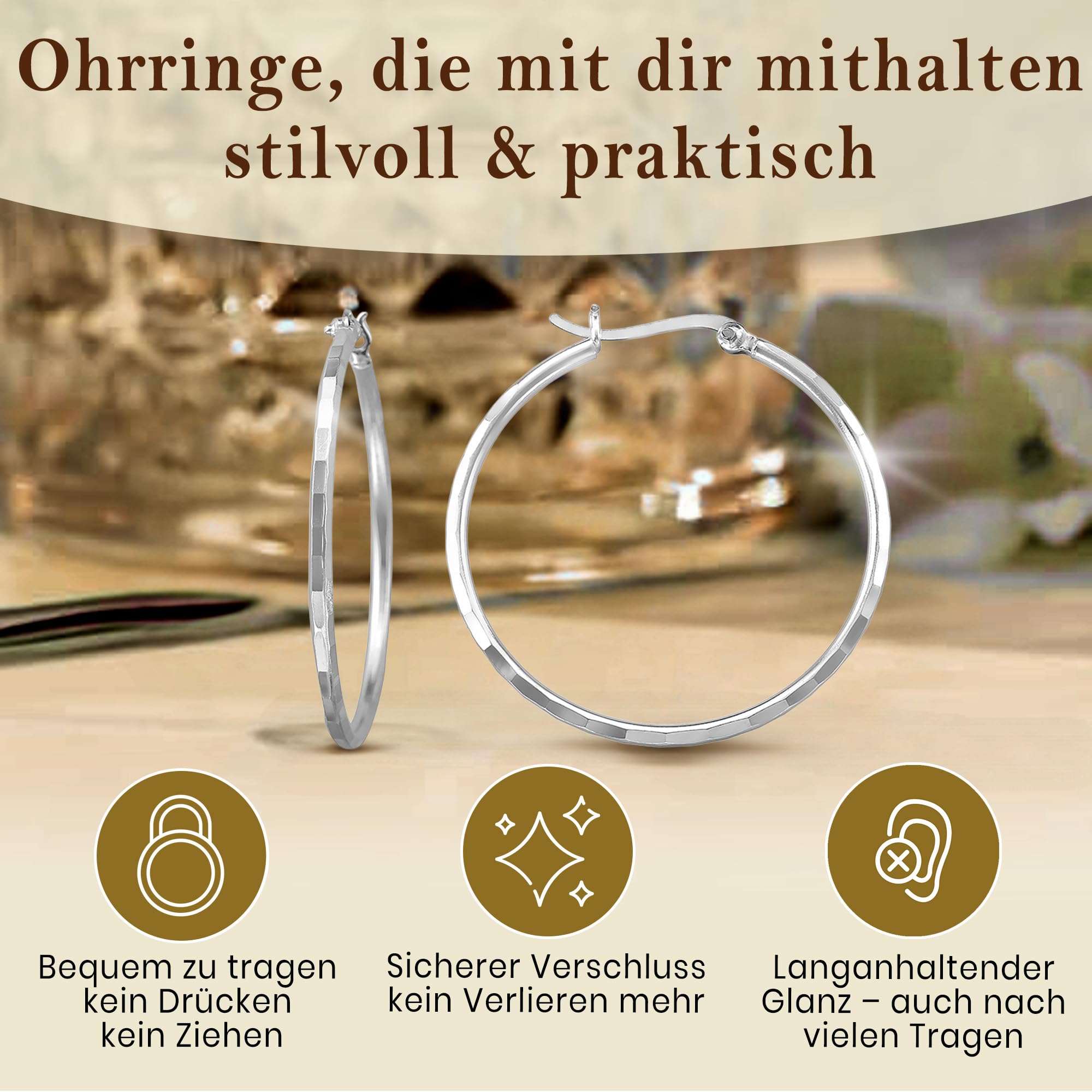 CASSINI Creolen aus 925 Sterling Silber oder vergoldet – Ohrringe mit modernem Klappverschluss, hypoallergen, nickelfrei, bequem und zeitlos, stilvoller Schmuck für Damen 3CVG