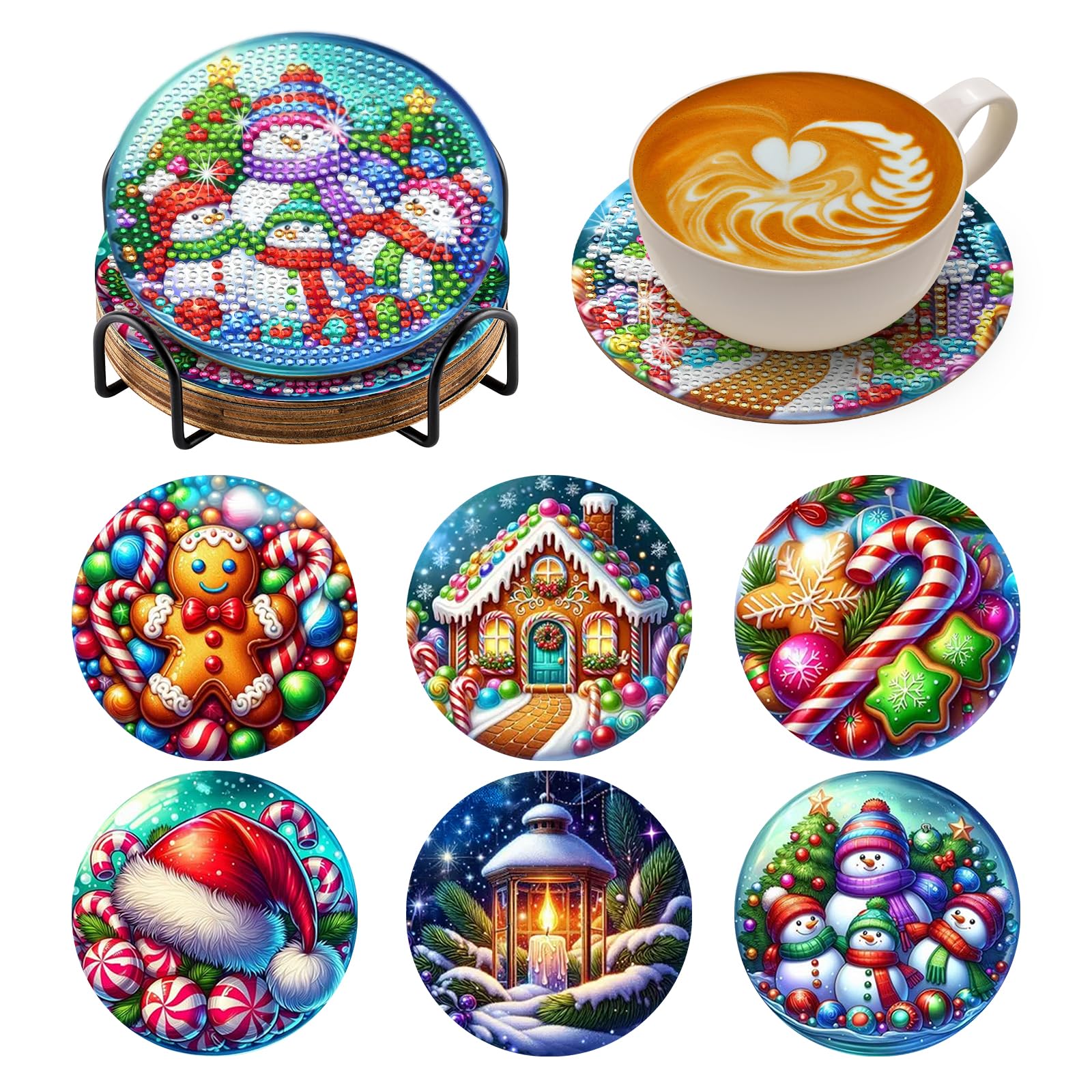 BNG Christmas Diamond Paintings Coasters Kits Set with Holder, 6Pcs Christmas Art DIY Crafts Coasters for Adults, Art Painting Kits for Women, Beginners, Diamond Craft Supplies