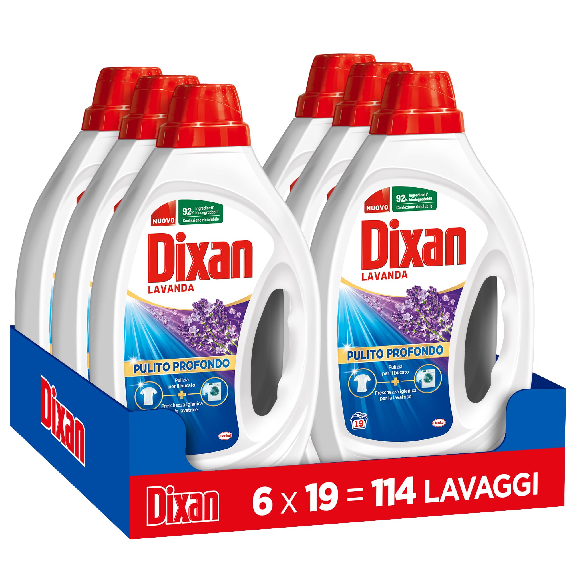 Dixan Liquido Lavanda Detersivo Lavatrice (6 confezioni da 19 Lavaggi), Detersivo liquido lavatrice per una pulizia del bucato, profumo di lavanda e freschezza igienica per la lavatrice