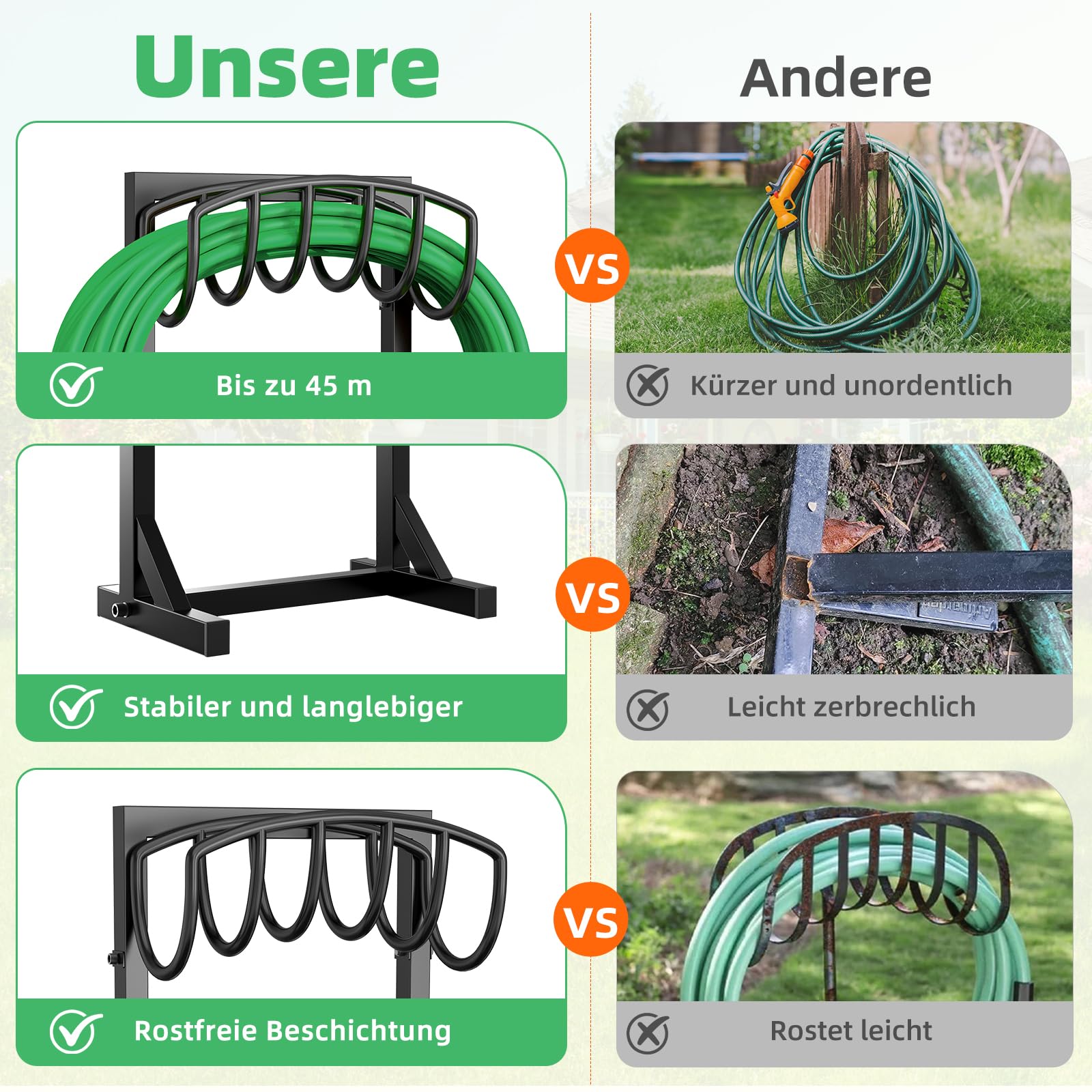 Gartenschlauchhalter Freistehend, 109,5 cm, strapazierfähiger, freistehender Wasserschlauchhalter mit 4 Spießen, Gartenschlauchhalter für bis zu 45 m Schlauch, für Garten, Rasen, Terrasse
