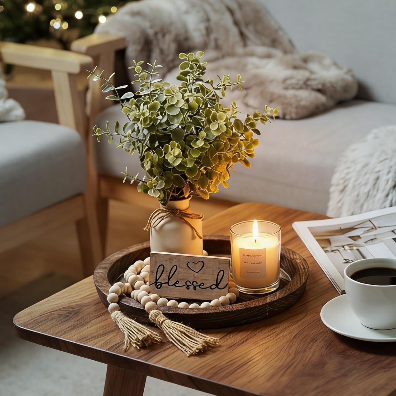 Rustic Modern Farmhouse Decor Set of 6 for Your Living Room, Kitchen Counter, Home or Table Centerpieces Room Decor, Wood Round Decorative Tray Easter Gifts for Women Men Easter Basket Stuffers