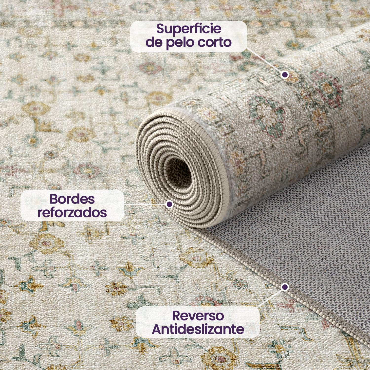 DEXI Alfombra Salon 152 x 244 cm, Alfombras Dormitorio Pelo Corto Lavable, Suave y Cómoda, Diseño Floral Tapetes Decorativas para Sala de Estar, Habitación, Comedor, Beige