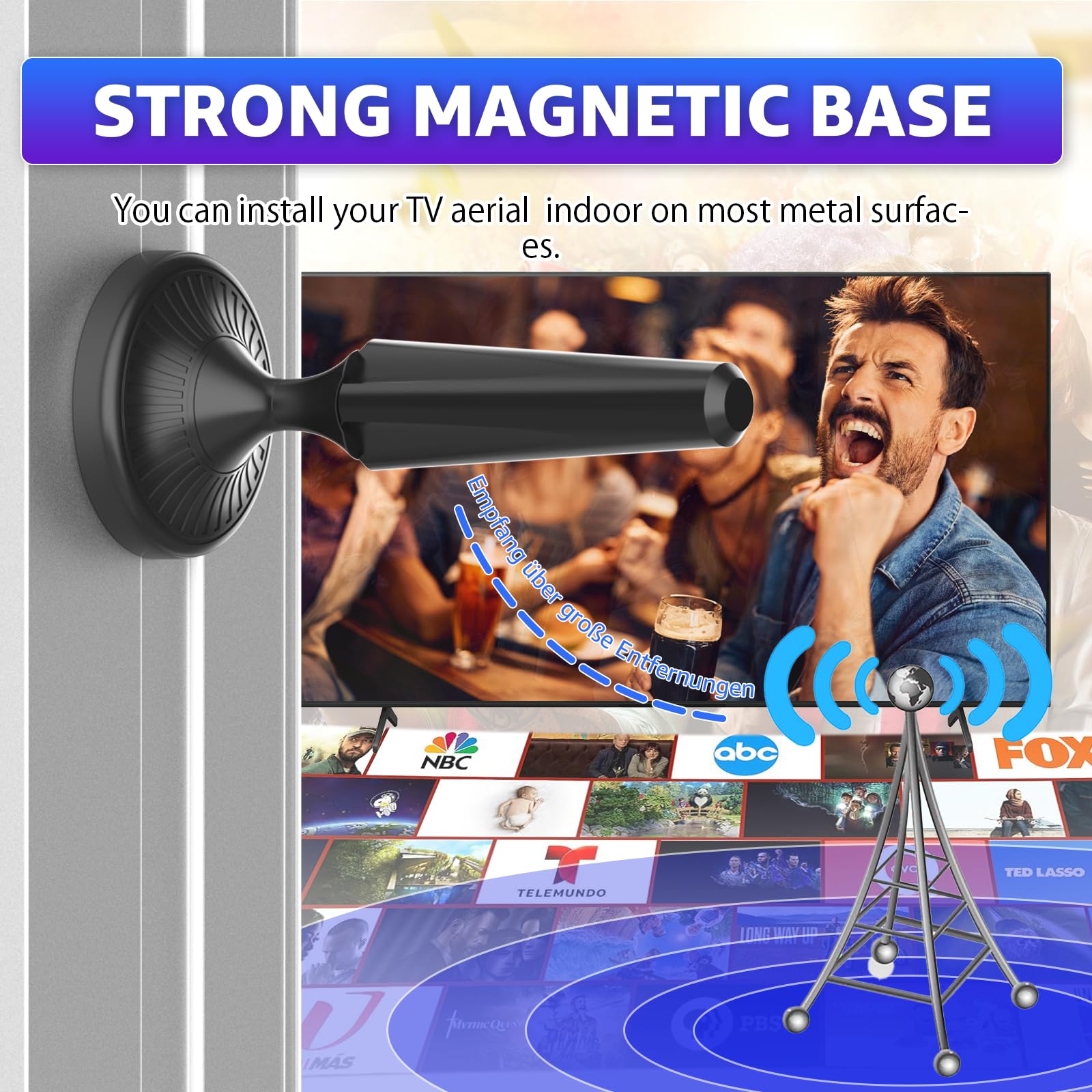 Indoor TV Aerial Magnetic Base Digital TV Aerial Indoor for Smart TV Freeview Local Channels Easy Setup Universal Indoor Aerial Supports 8K 4K 1080P Compatible with All Televisions 5m Coaxial Cable — view 4