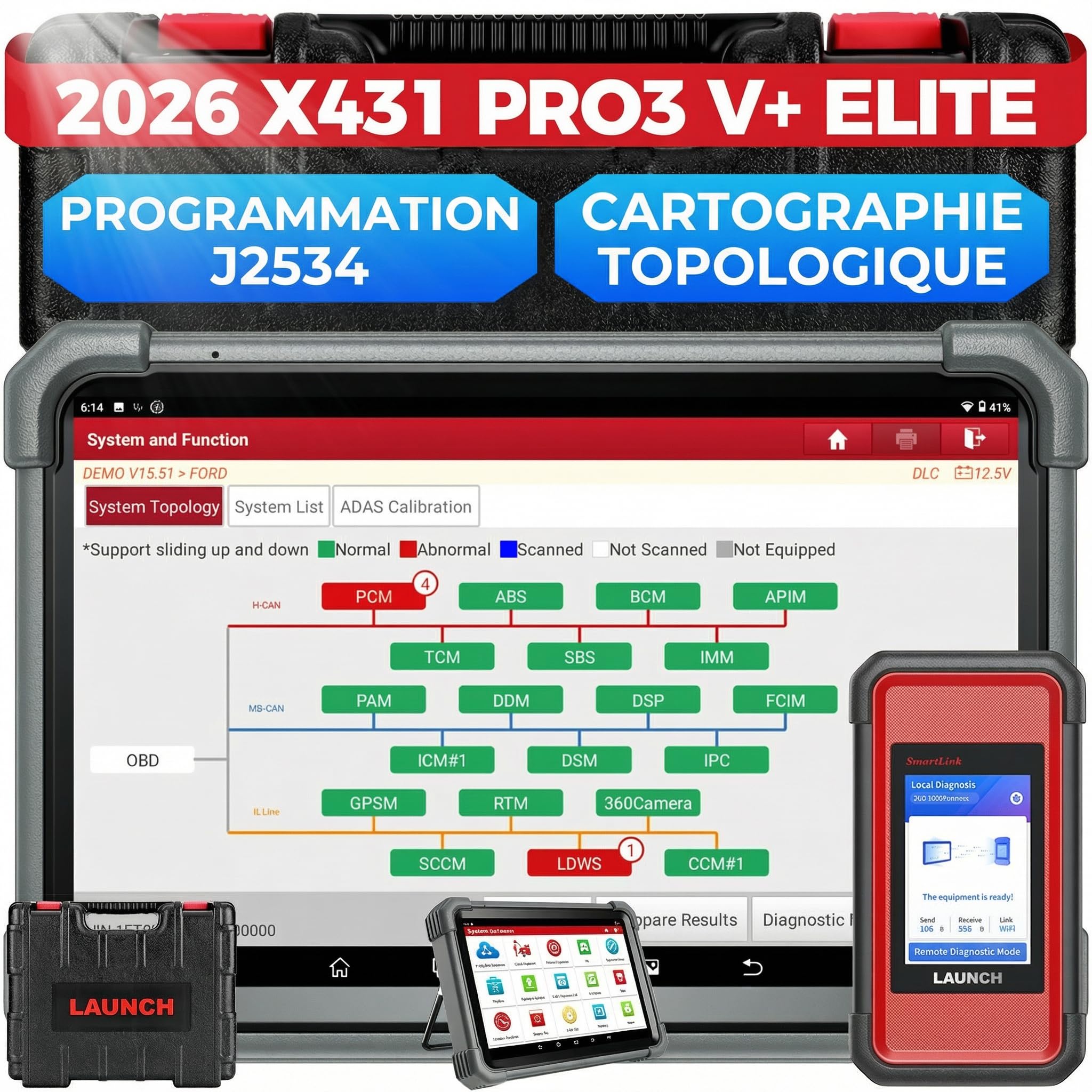 Launch X431 PRO3 V+ Elite Valise Diagnostic Auto, J2534 Programmation, Codage en Ligne de l'ECU, Bi-directionnel Topologie, 60+ d'entretien, Diagnostic à Distance Intelligent, CANFD/DOIP/FCA SGW