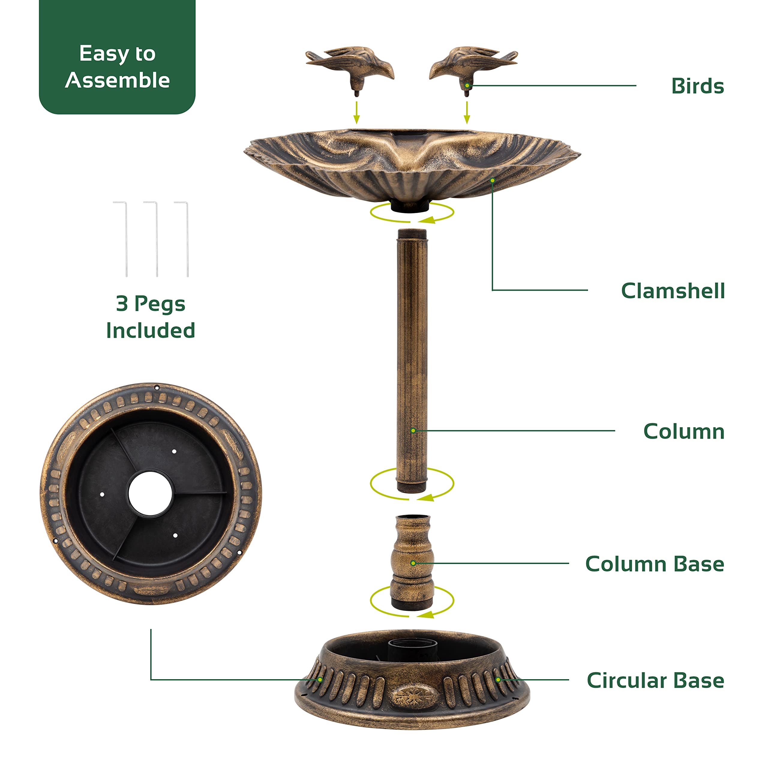 Gardenkraft Bain pour Oiseaux Coquille de palourde avec Base jardinière Bronze