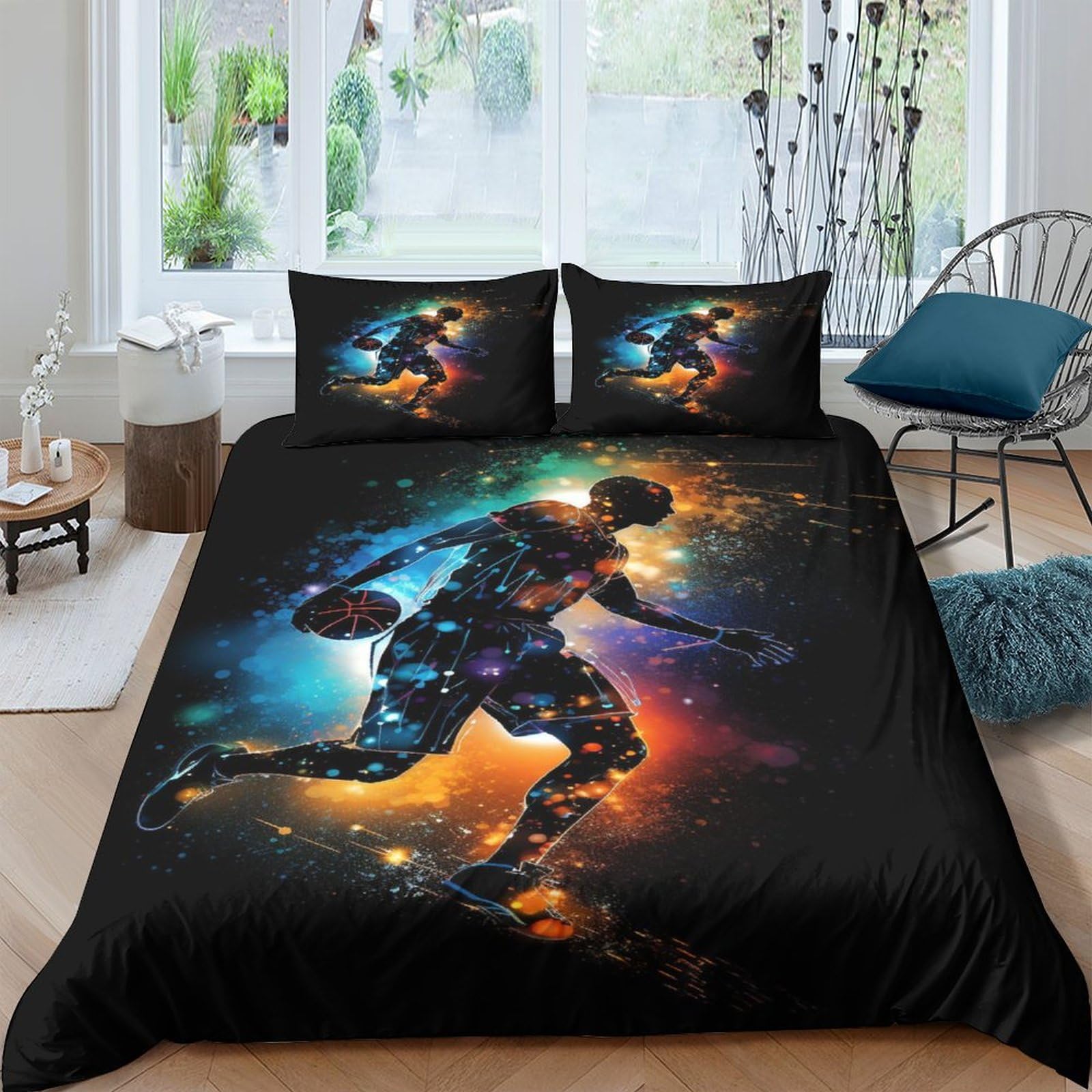 Basketball Players Bedding Set Duvet Cover Set with Zipper Closure, Basketball Quilt Cover Set for Teen Kids Boys Girls Adult, Durable Microfiber 3 Piece Set Double（200x200cm）