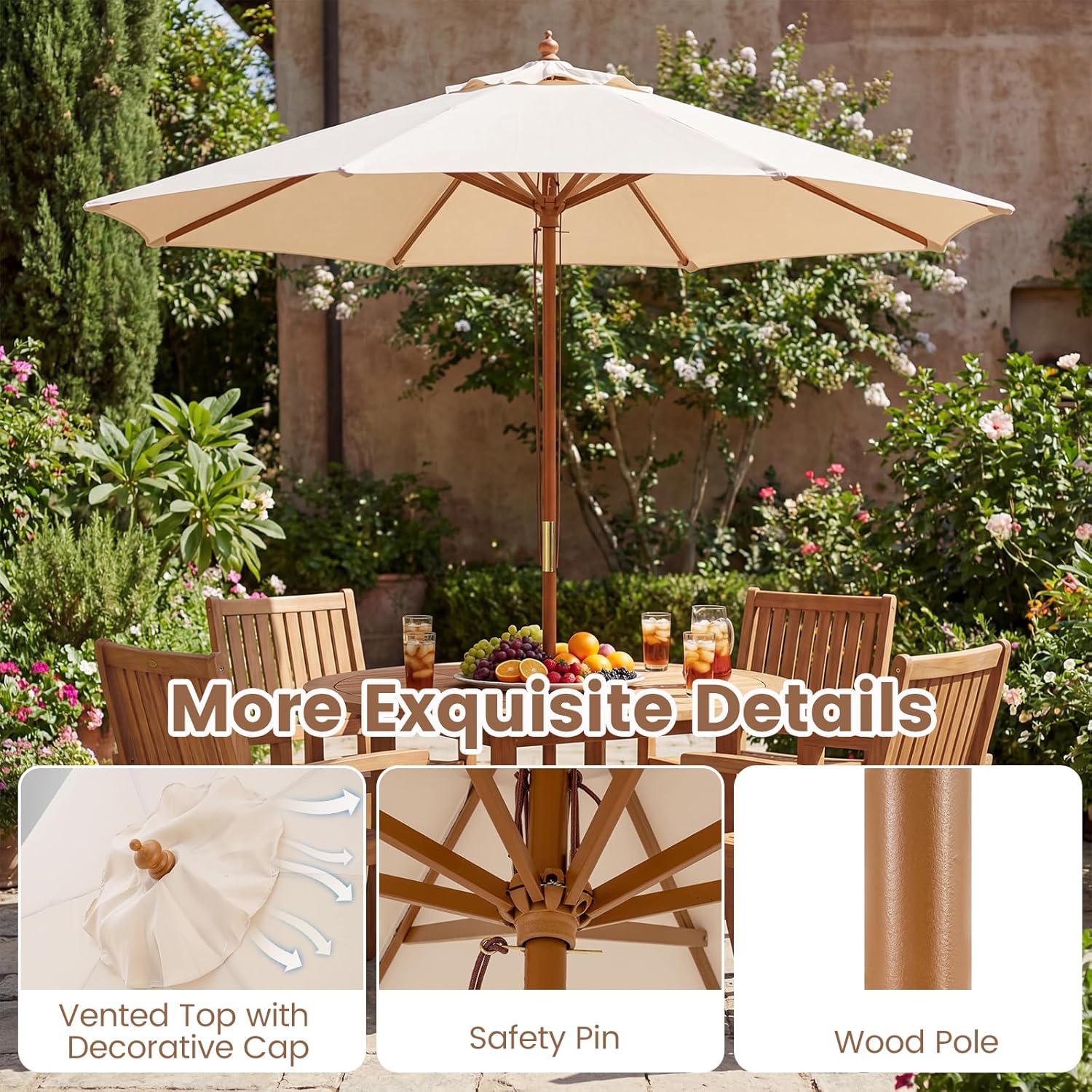 RELAX4LIFE 9 FT Patio Umbrella, Bamboo Market Table Umbrella with Adjustable Height, Rope Pulley Lift, Vented Top, 8 Sturdy Ribs, Outdoor Sun Shade for Garden Yard, Beach, Poolside