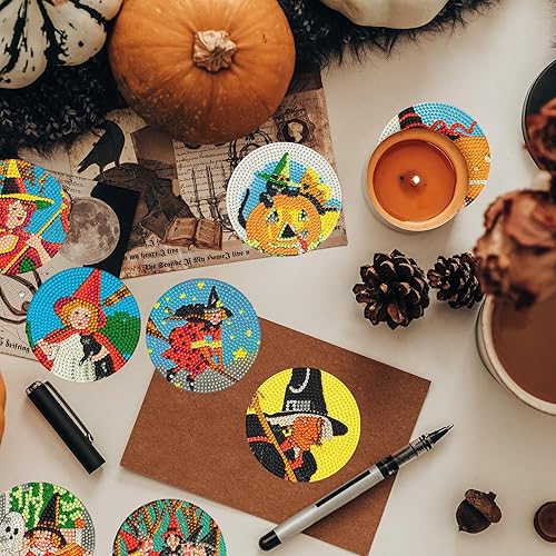 Miniatura 3 de 8 piezas de posavasos de pintura de diamantes vintage de Halloween con soporte, posavasos de arte de diamantes vintage de Halloween, posavasos