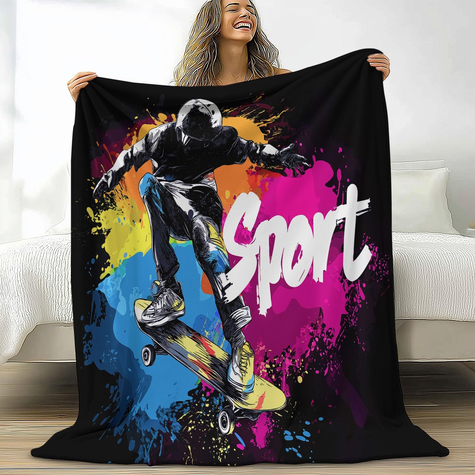 Czarny, ultramiękki koc flanelowy, narzuta 221 x 239 cm, pluszowy i ciepły, abstrakcyjny, graffiti, deskorolka, sport, nadruk, lekki koc na łóżko, na sofę, do podróży i dla dzieci i dorosłych, 220 x