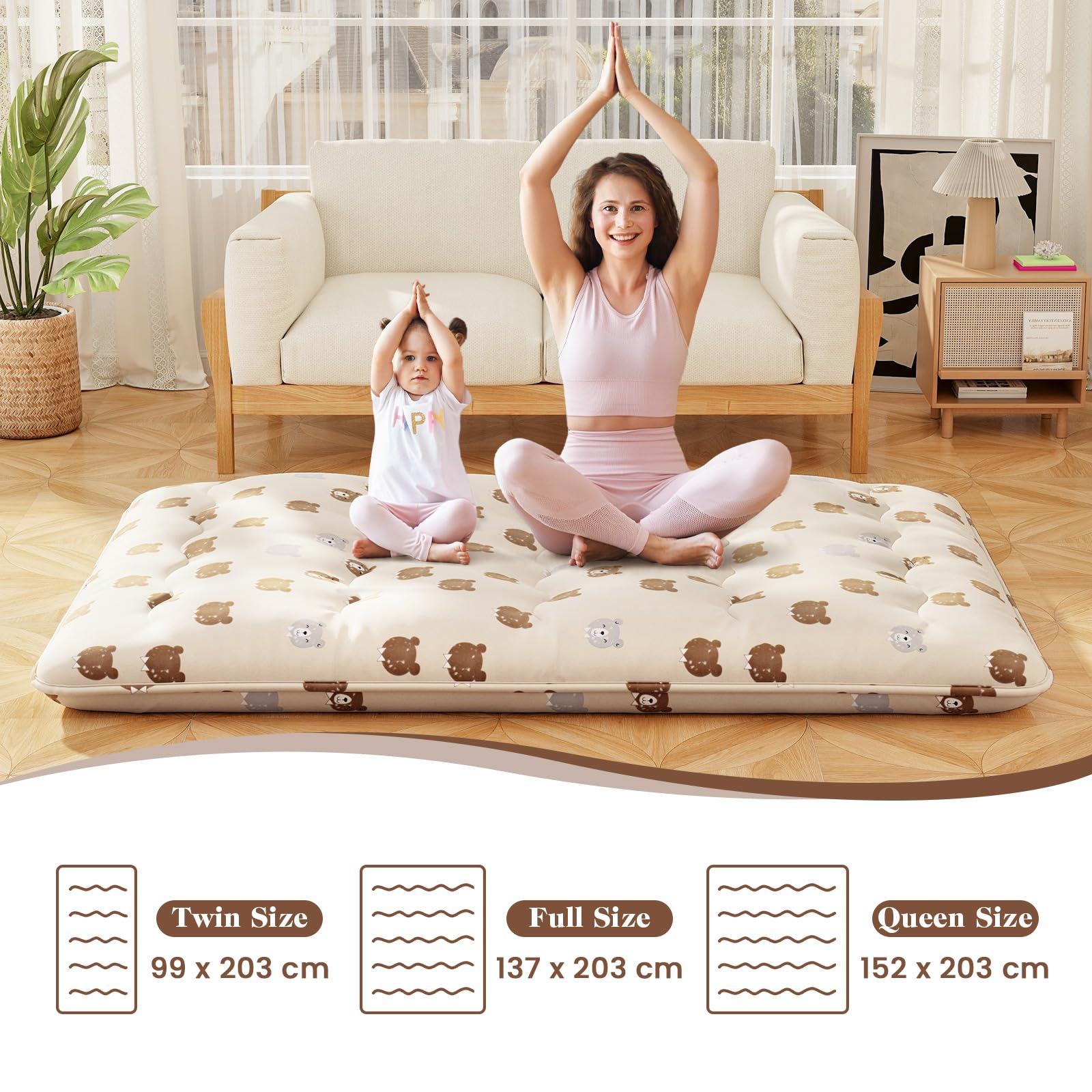 FANTASK Materasso giapponese Futon 140 x 200 cm Tatami materasso da pavimento, materasso pieghevole con rivestimento lavabile, pieghevole, orso bruno