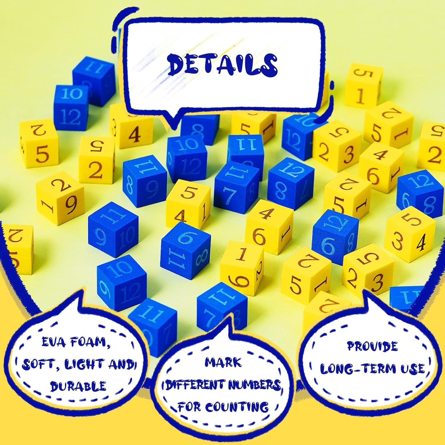 Jexine 50 Pcs Foam Numbered Dice Number Foam Dice 0.75 Inch Soft Cubes for Kids Math Educational and Learning Activities Preschool Early Development (Yellow+Blue)