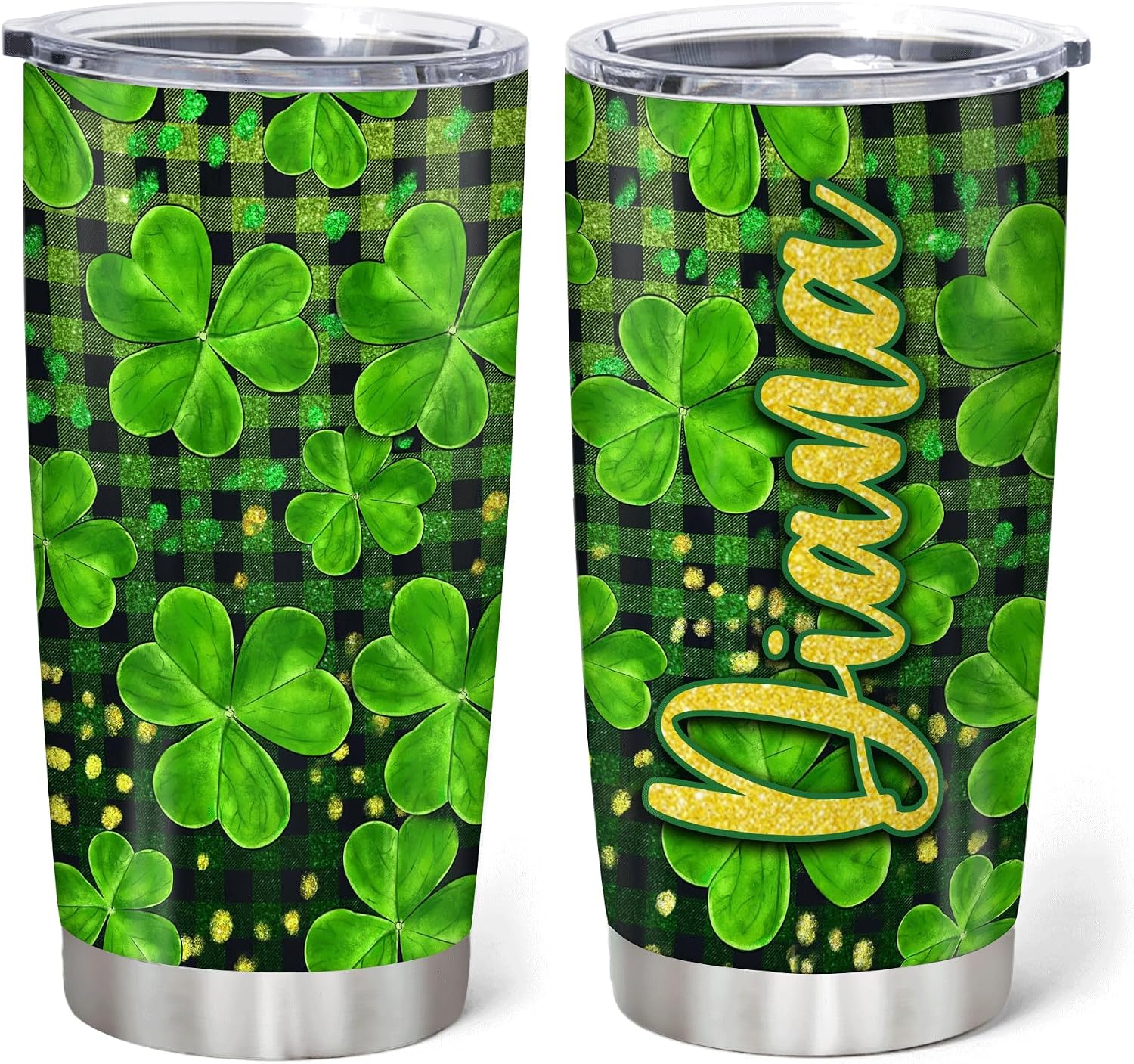 Hyturtle Personalized Gifts For St Patricks Day - Buffalo Plaid Lucky Four Leaf Clover - Irish Shamrock Green Custom Name Coffee Tumbler Cup Stainless Steel 20oz With Lid Gifts For Women, Girl, Men