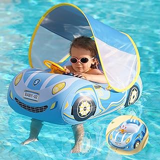 Baby Pool Float Baby Swimming Float with UPF50+ Adjustable Sun Protection Canopy, Inflatable Car Shaped Toddler Pool Floats Toys for Kids 6-48 Months