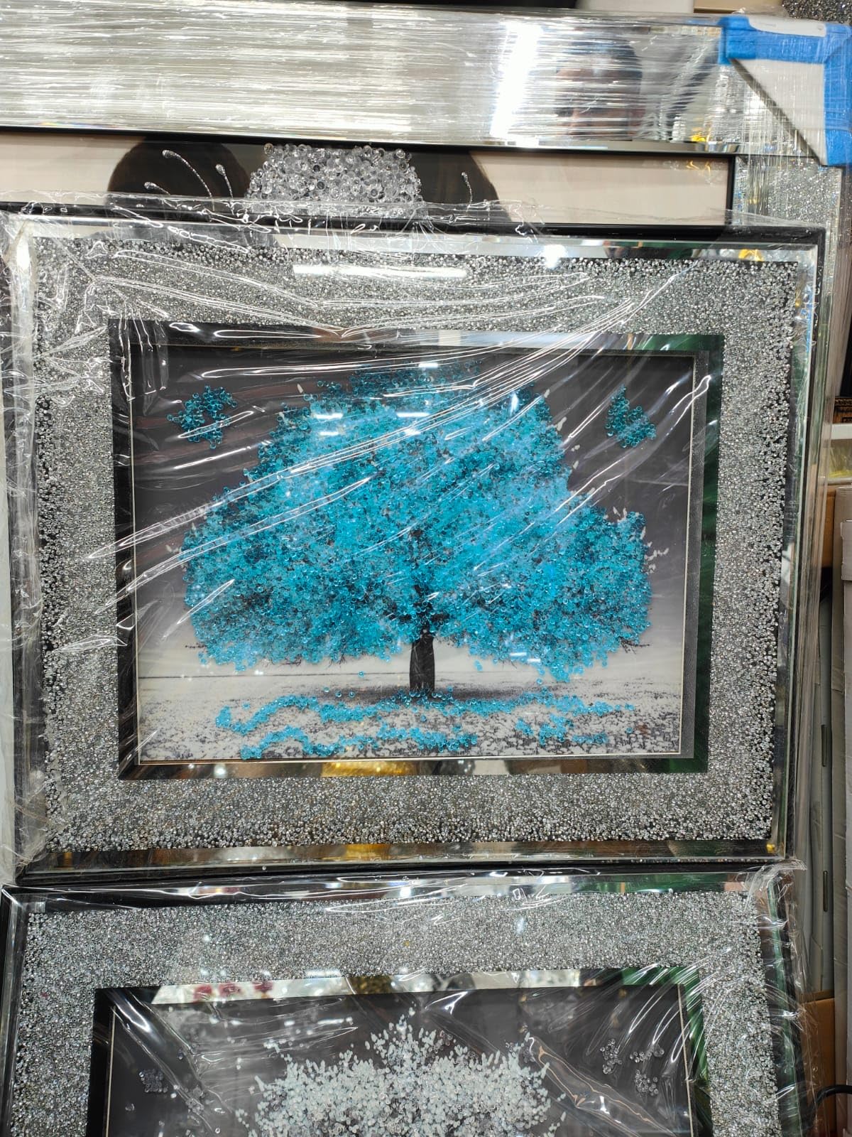 Biznest Blue Crushed Crystal Silver Blossom Tree Modern 3D Glitter Liquid Art Crush Frame Picture Wall Art 45X45cm (Blue)