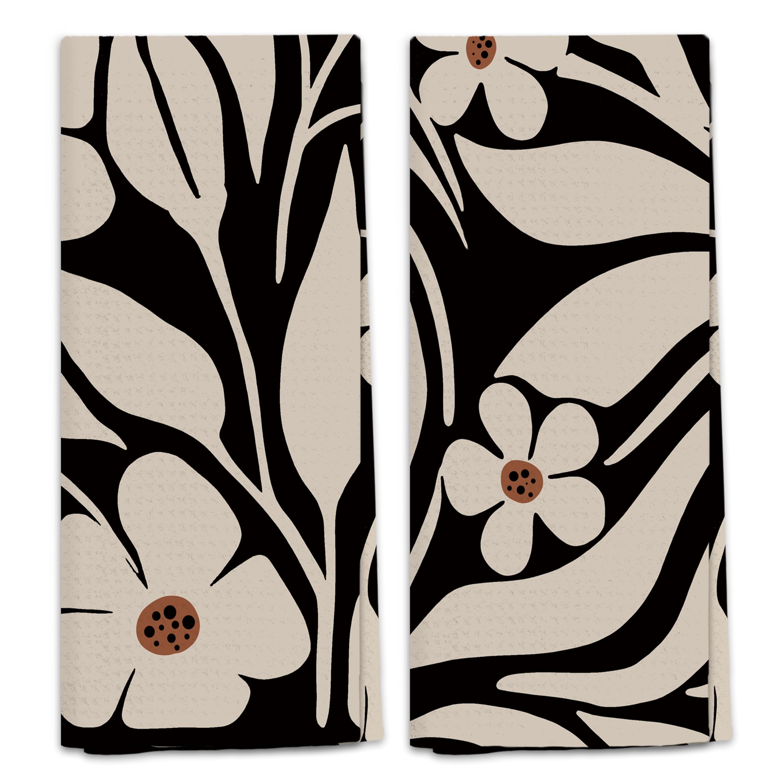 QGFM Boho Kitchen & Bath Towel Set, Beige and Black 70s Retro Floral Design, 2 x 16x24 Inch Hand Towels
