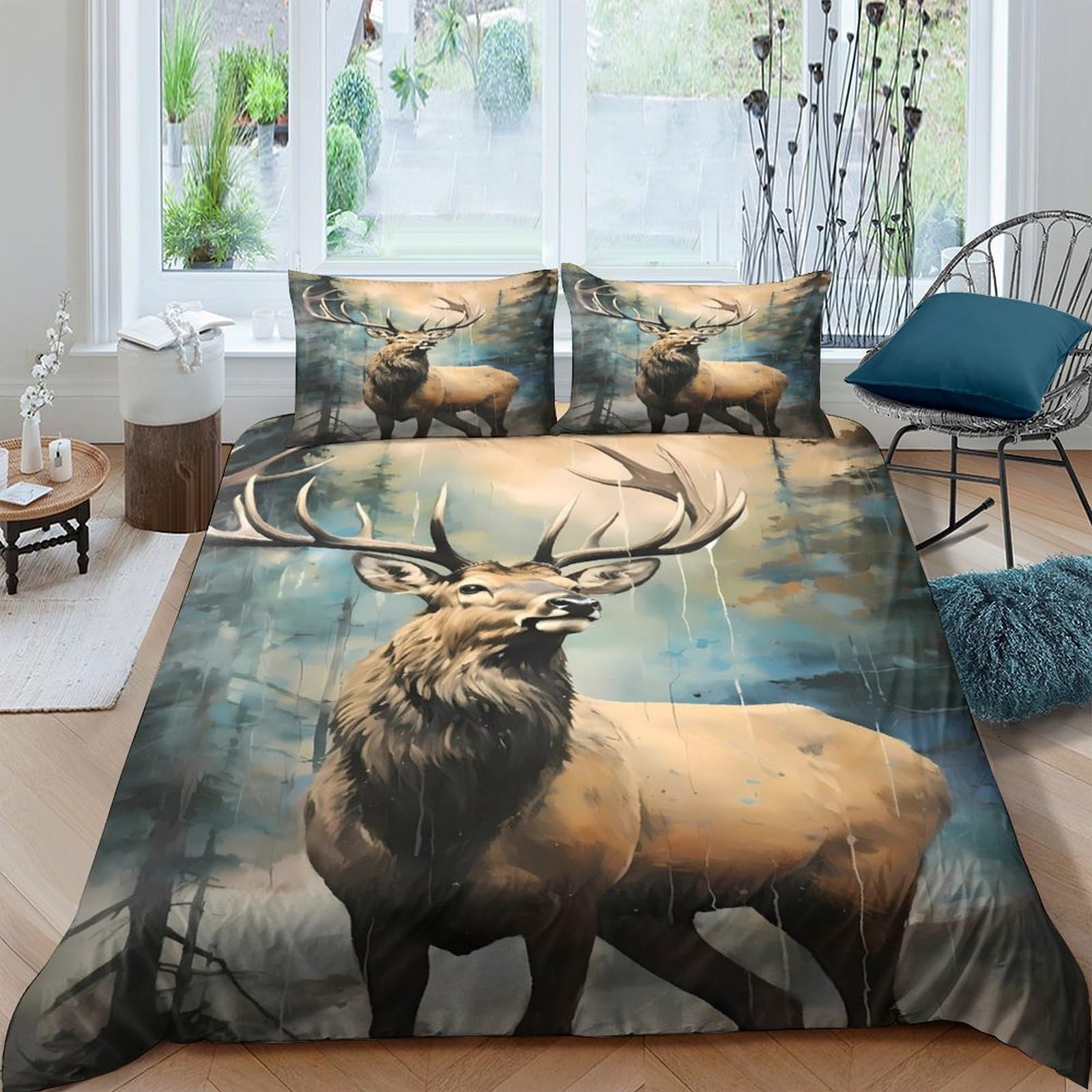 Ctjqhvkz Style-6 3D Printed Forest Deer Fitted Sheet Microfiber Soft Antler Woodland Bed Cover For Bedroom Guest Room Decor Single（135X200cm）