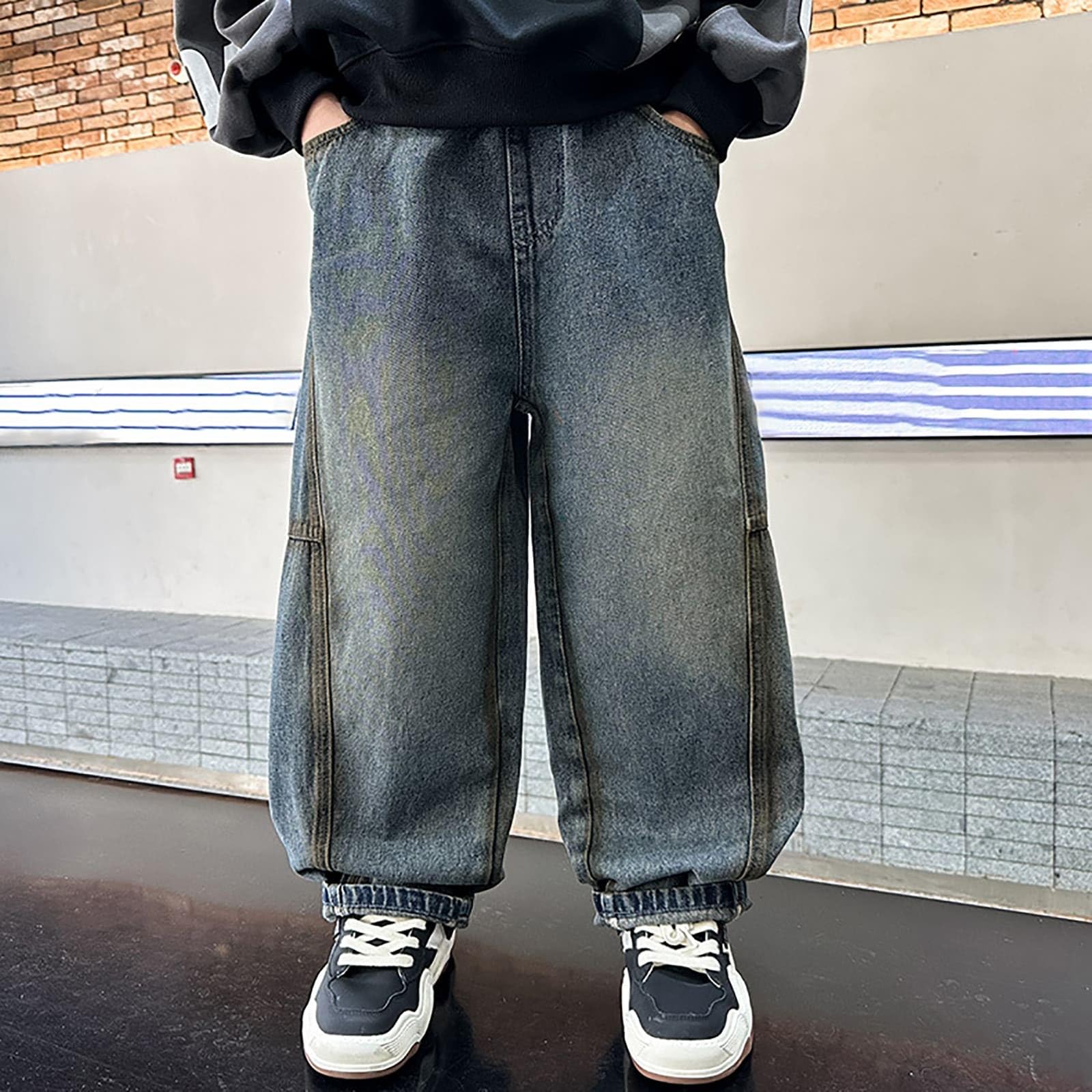 Generico Jeans Bambino 4-14 Anni Elasticizzati Larghi Pantaloni Jeans Denim Ragazzo Elastico in Vita Dritto Comfort Pantaloni Lavoro Cargo Ampia Autunnale Y2K Streetwear Tasche